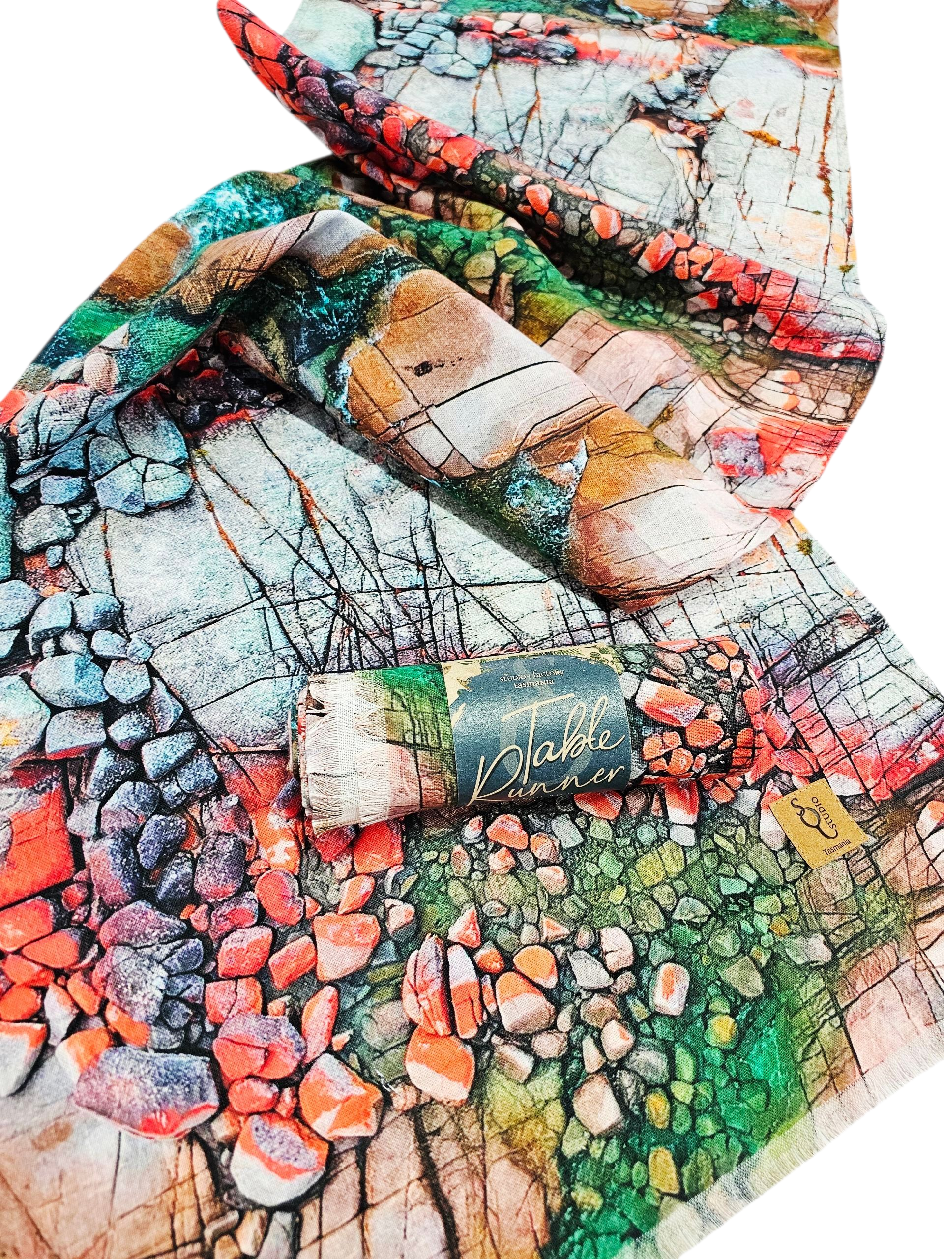 Printed Organic Linen Table Runner - Aerial Bay of Fires table runners The Spotted Quoll 