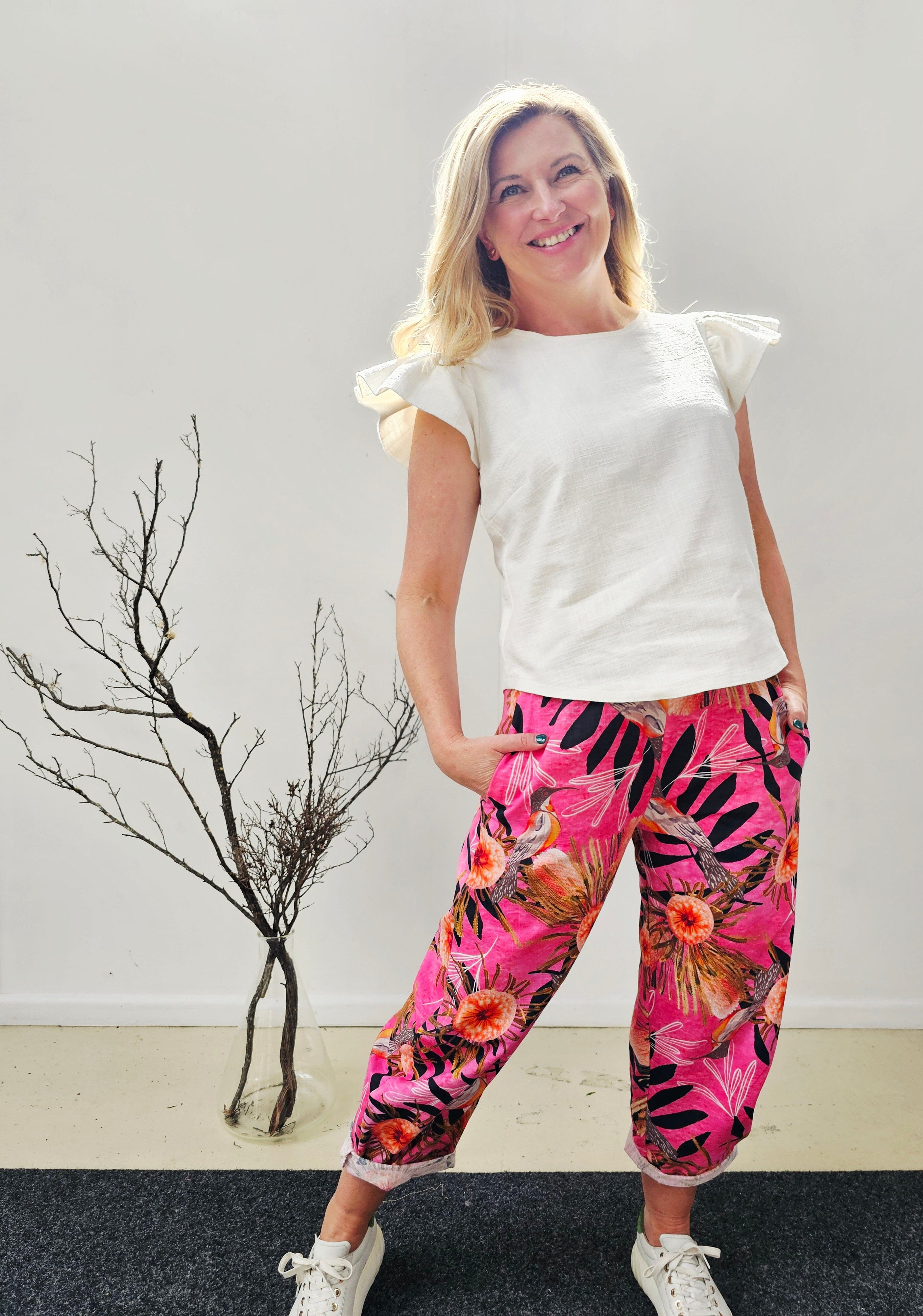 Boss Pant Organic Linen/Hemp - Pink Summer Bouquet Pants The Spotted Quoll 