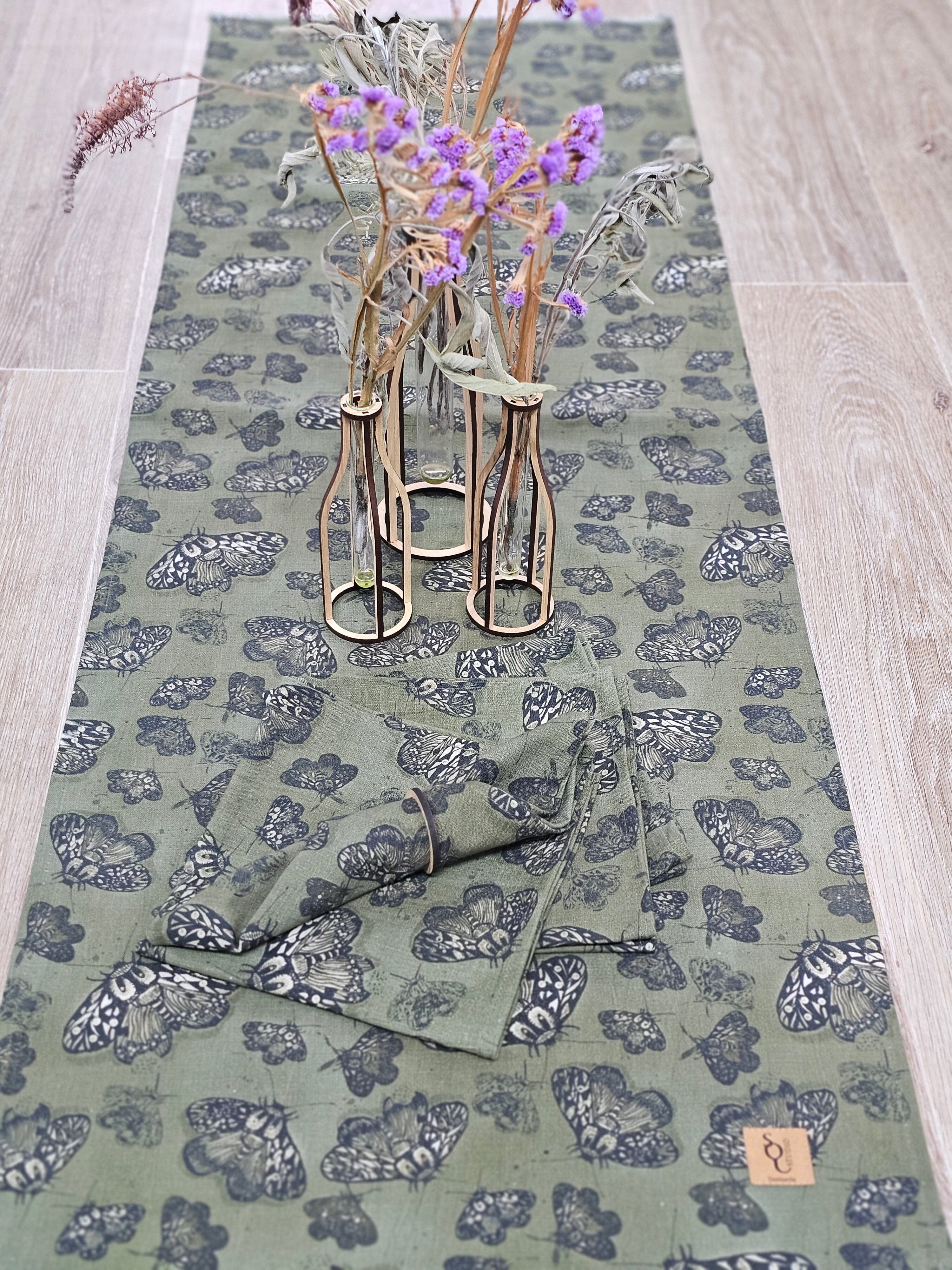 Organic Linen Table Runner - Moss Moth table runners The Spotted Quoll 