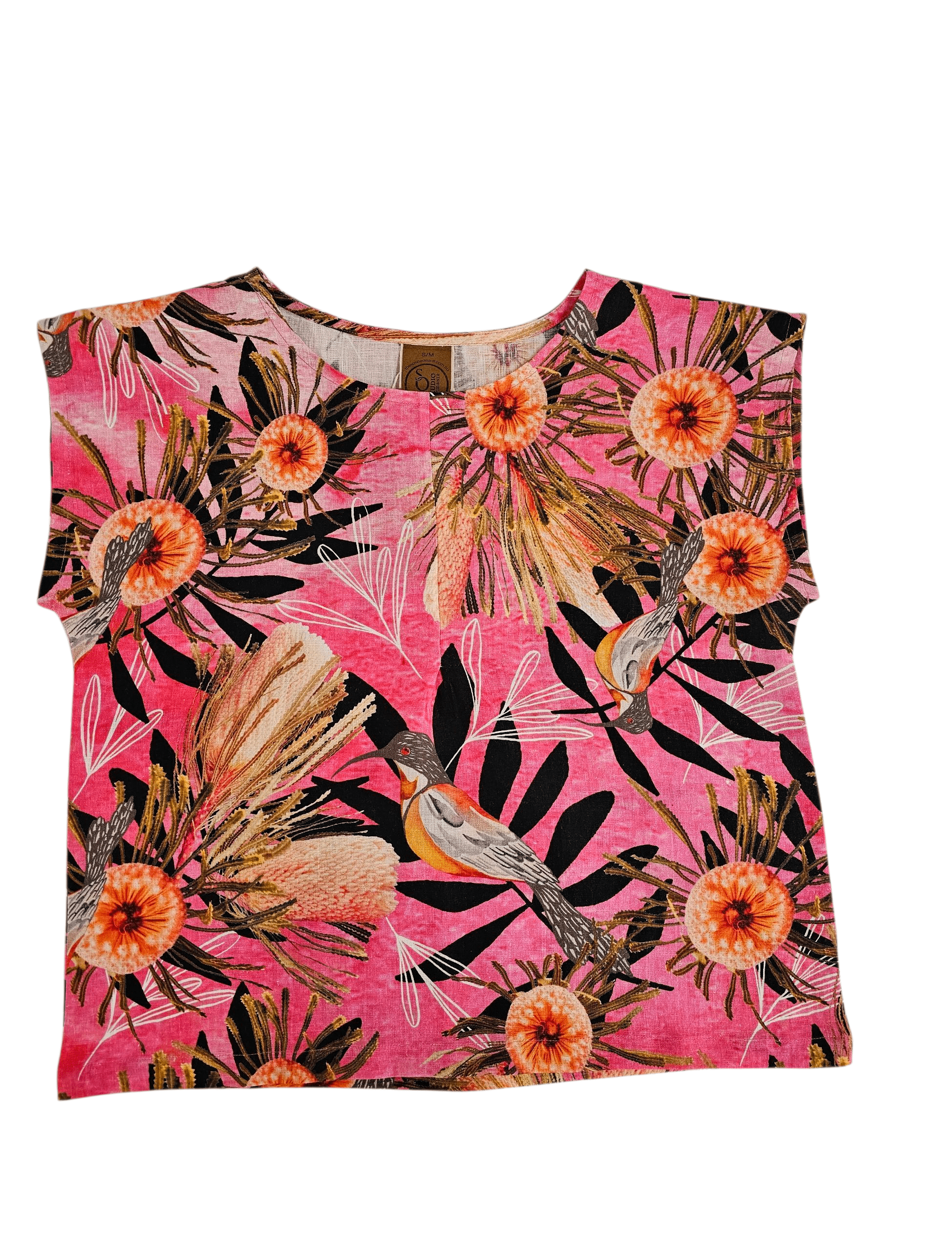 Pure Linen Mini Pleat Top - Pink Summer Bouquet Shirts & Tops The Spotted Quoll 