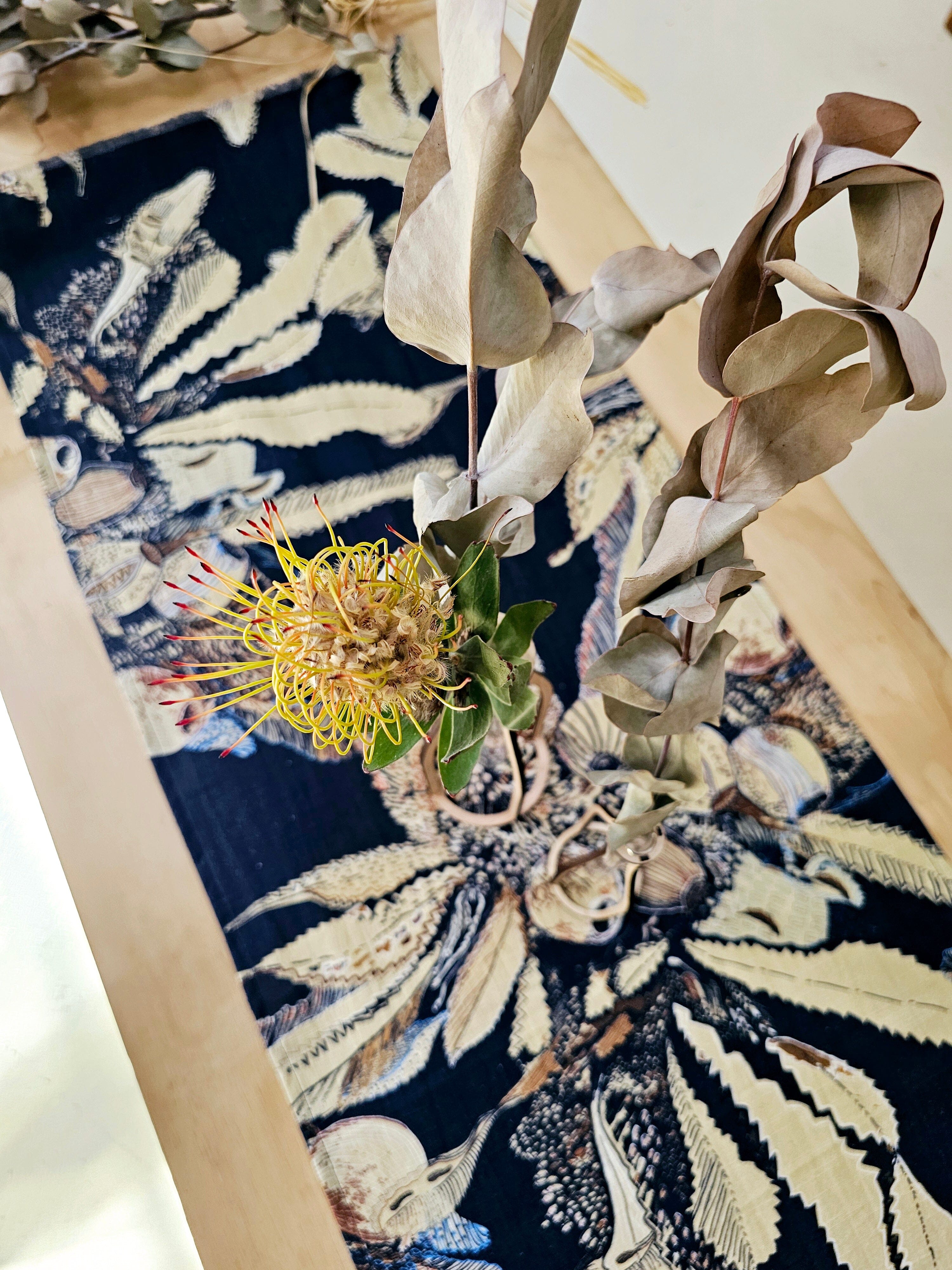 Printed Organic Linen Table Runner - Tawny Sawtooth Banksia table runners The Spotted Quoll 