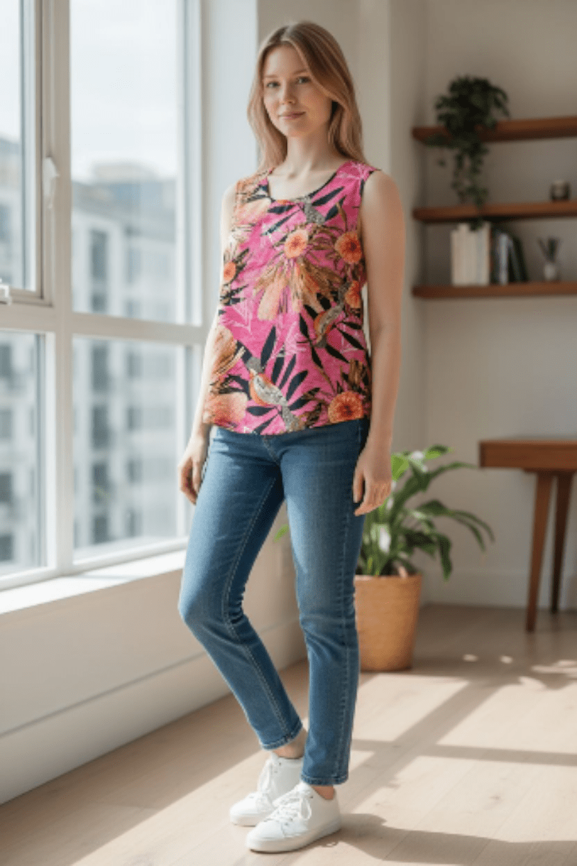 Organic Cotton Poplin Tank - Pink Summer Bouquet Shirts & Tops The Spotted Quoll 