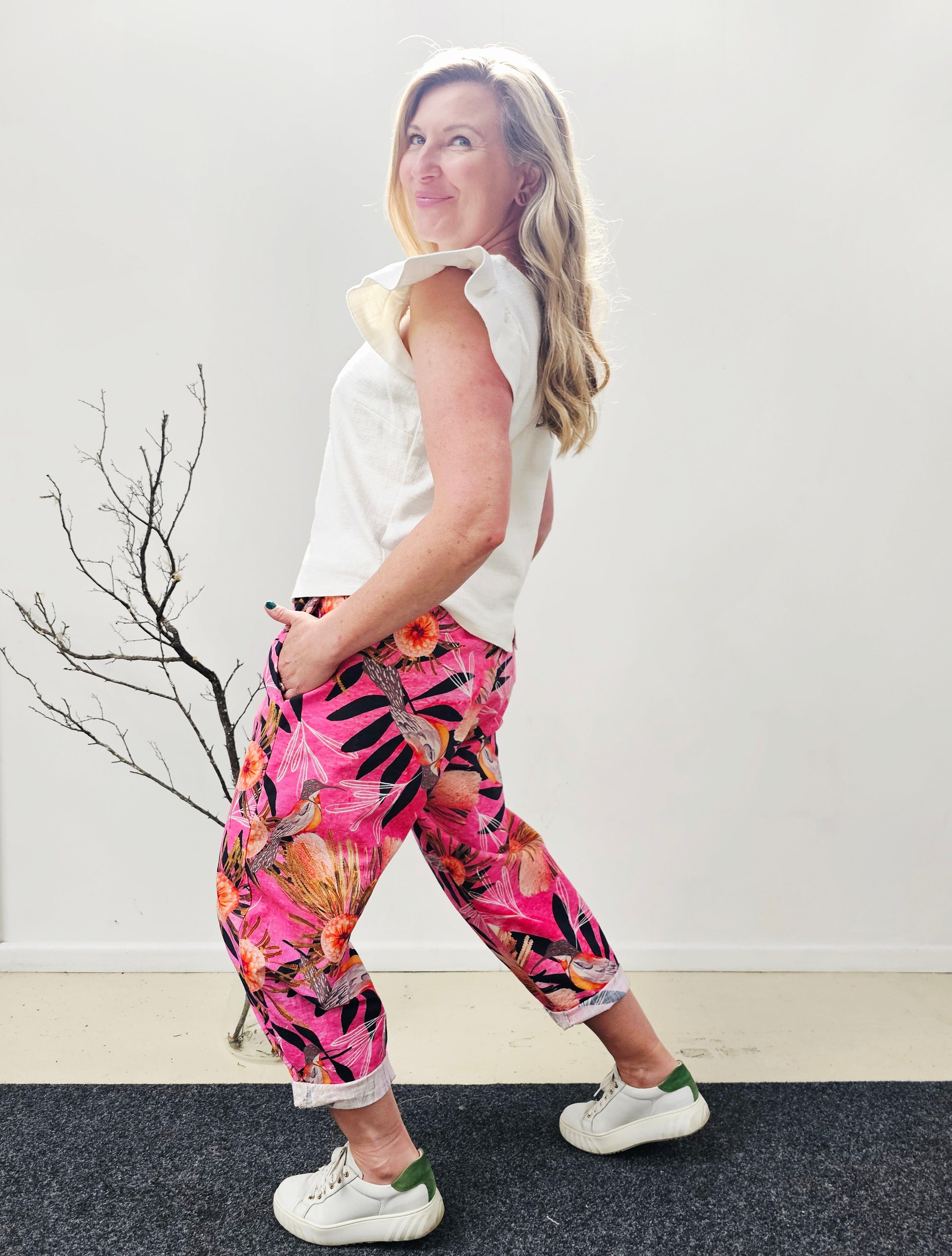 Boss Pant Organic Linen/Hemp - Pink Summer Bouquet Pants The Spotted Quoll 