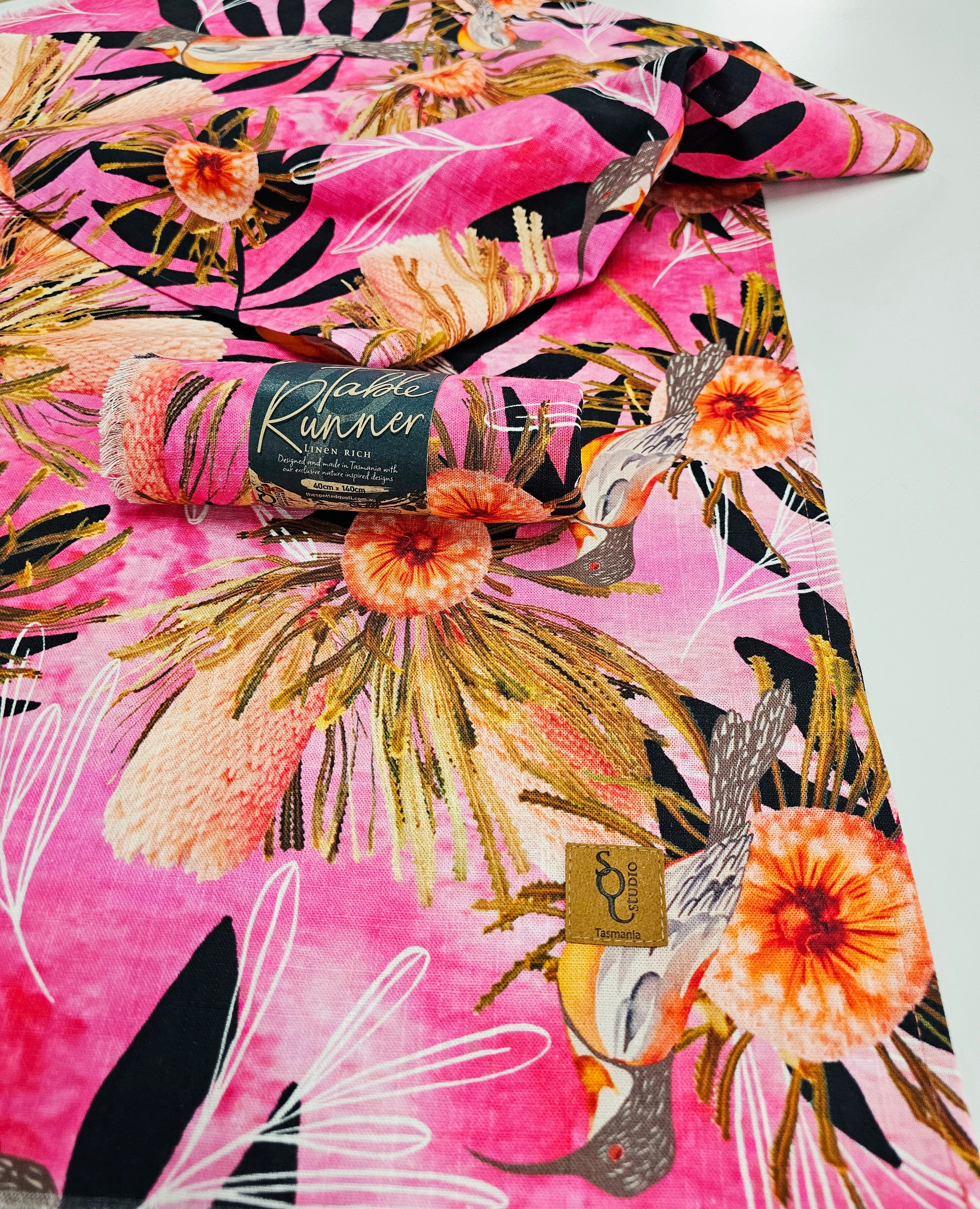 Printed Organic Linen Table Runner - Pink Summer Bouquet table runners The Spotted Quoll 
