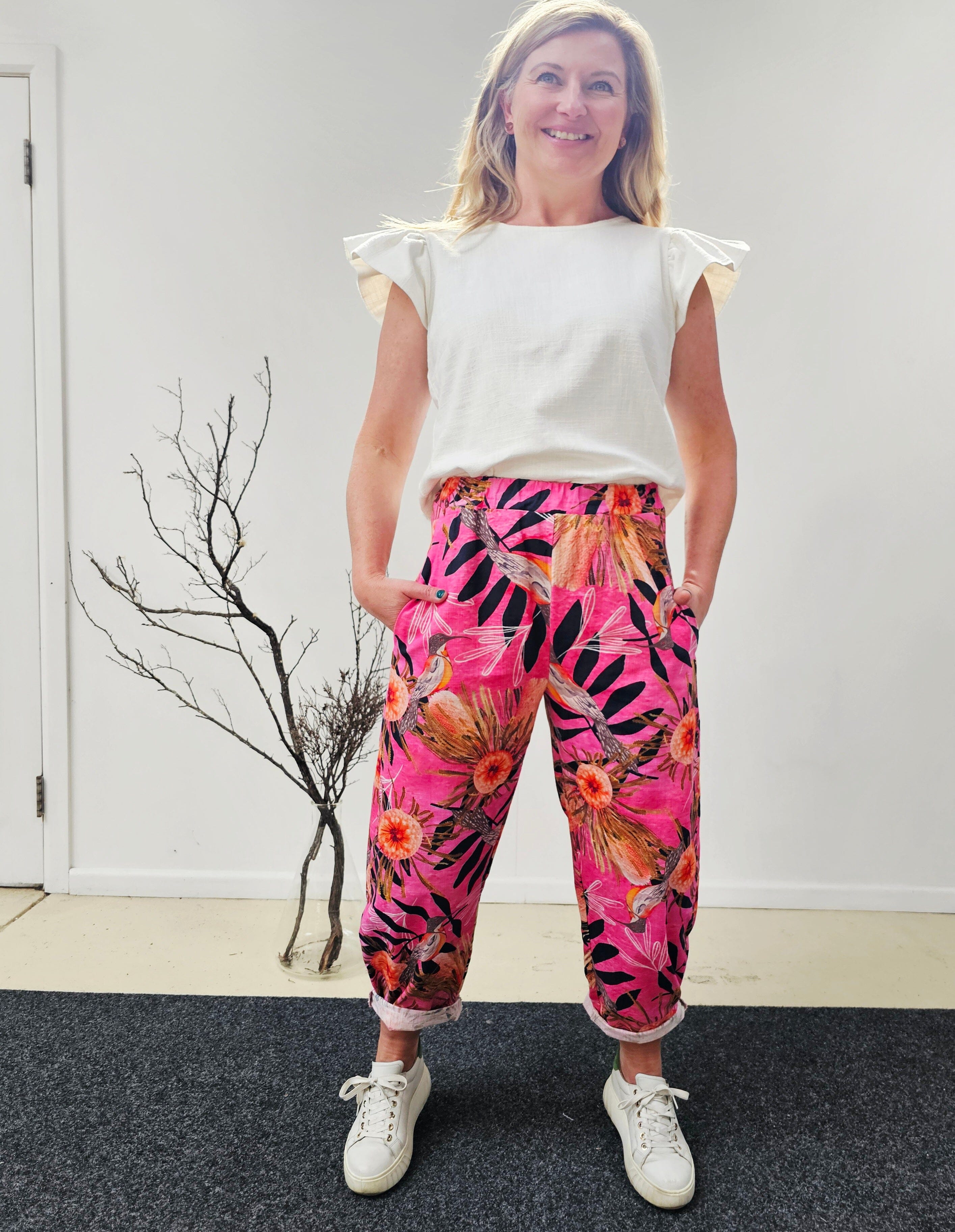 Boss Pant Organic Linen/Hemp - Pink Summer Bouquet Pants The Spotted Quoll 