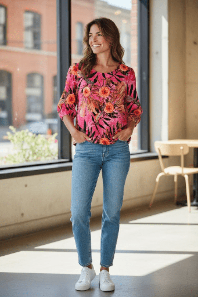 Lady Jane Organic Cotton DM Blouse - Pink Summer Bouquet top The Spotted Quoll 