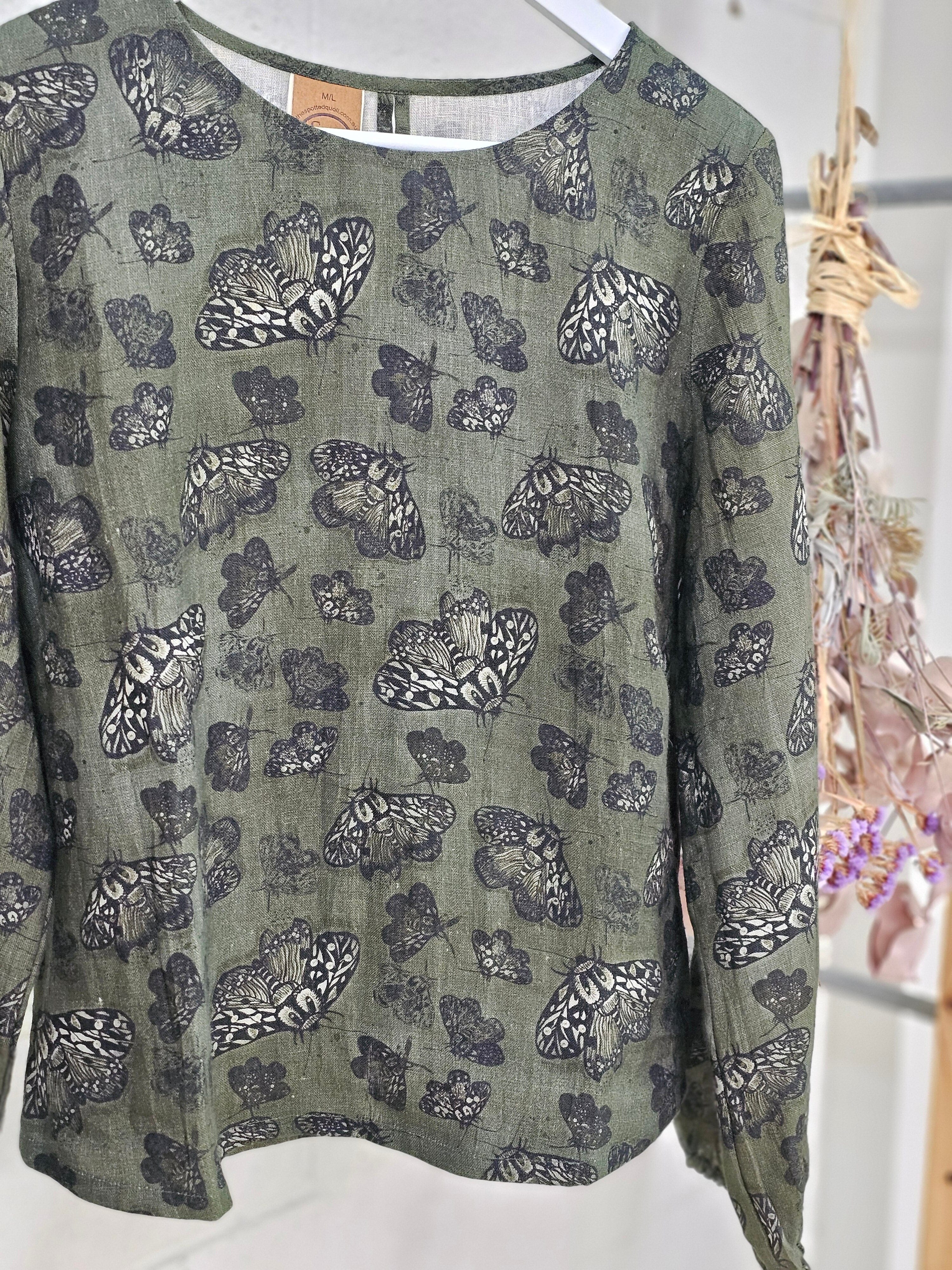Lady Jane Organic Pure Linen Blouse - Moss Moth top The Spotted Quoll 