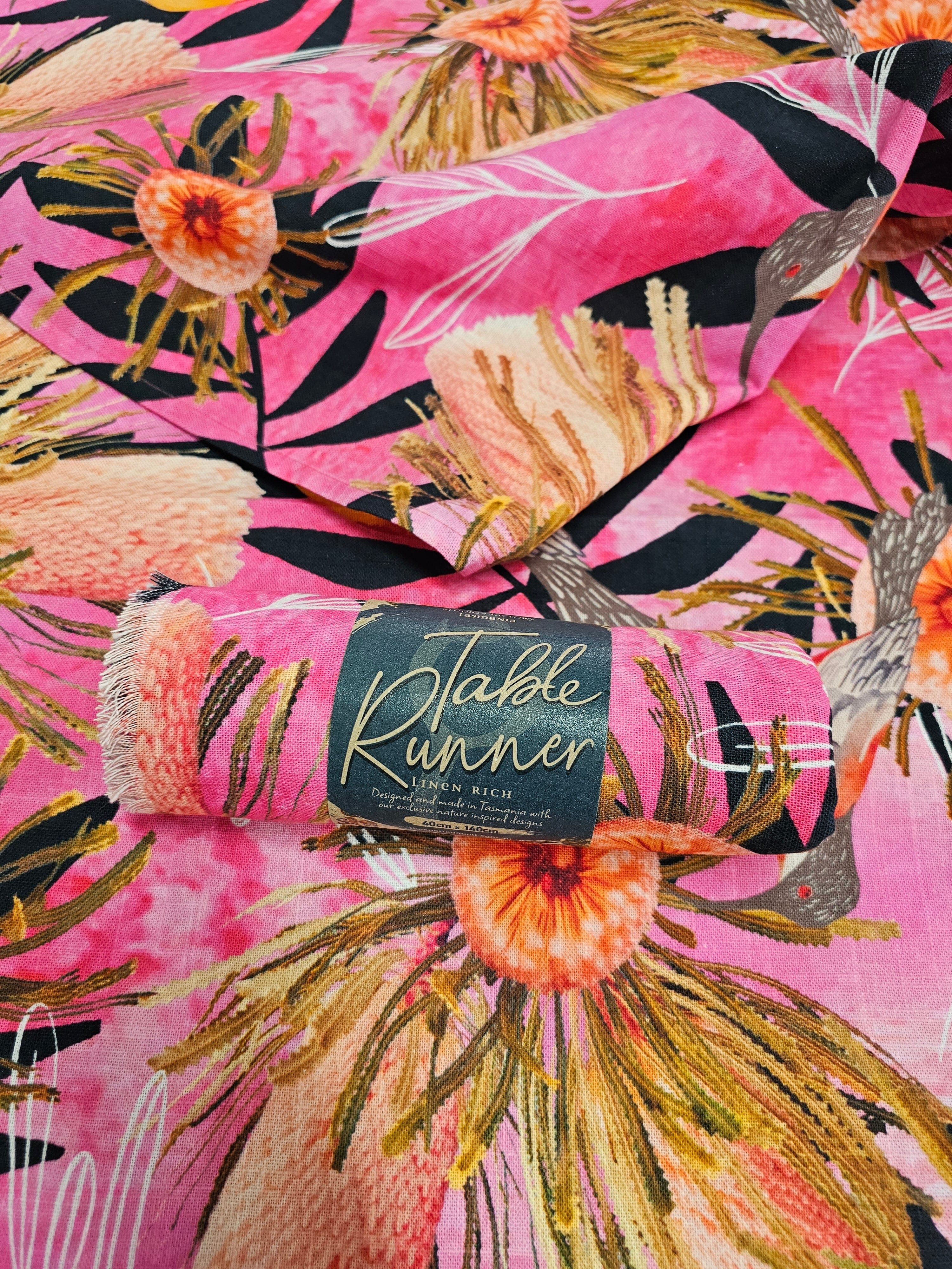 Printed Organic Linen Table Runner - Pink Summer Bouquet table runners The Spotted Quoll 