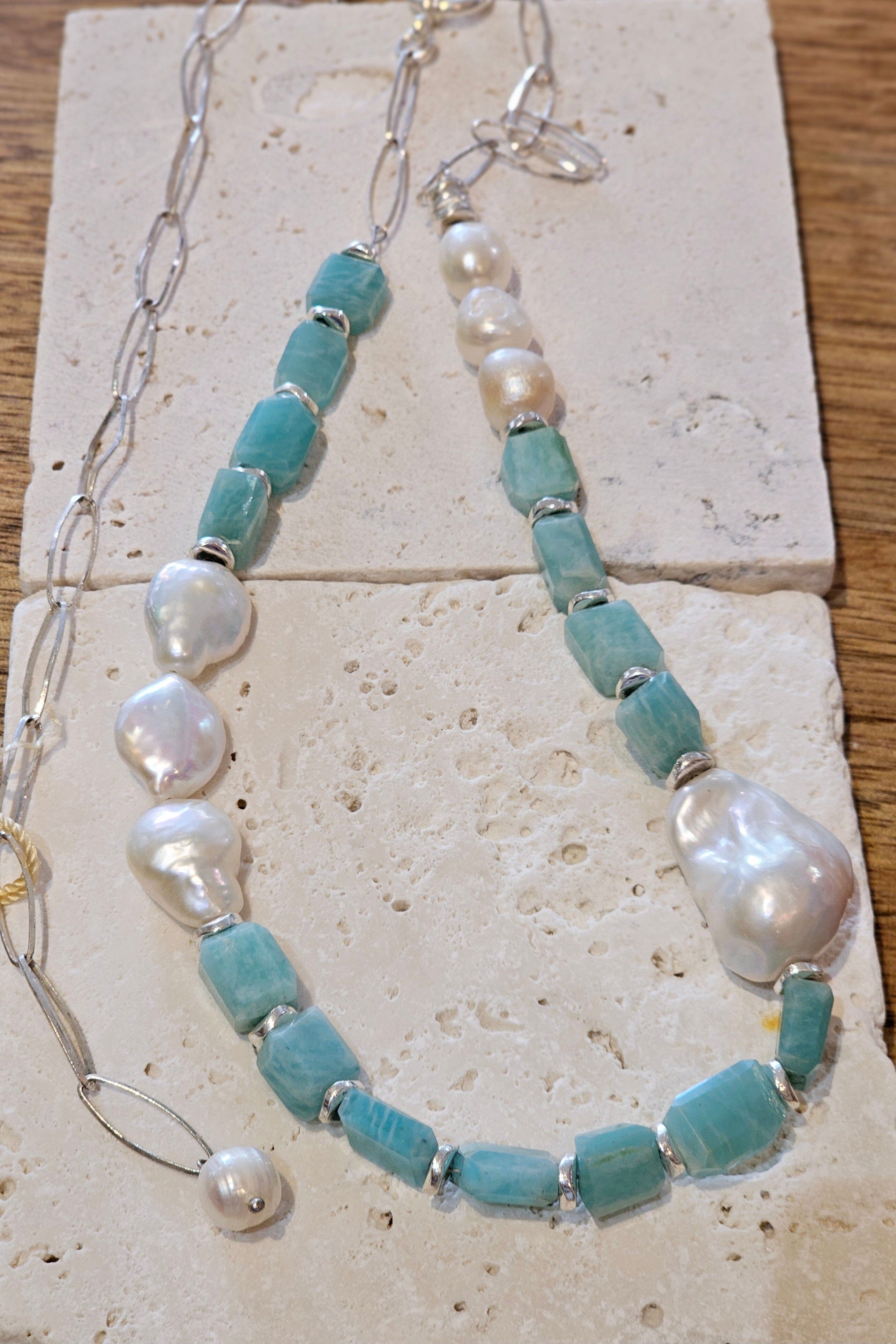 Statement Necklaces - Lisa Carney Jewellery Lisa Carney Designs Pearl, Silver & Amazonite Adjustable 