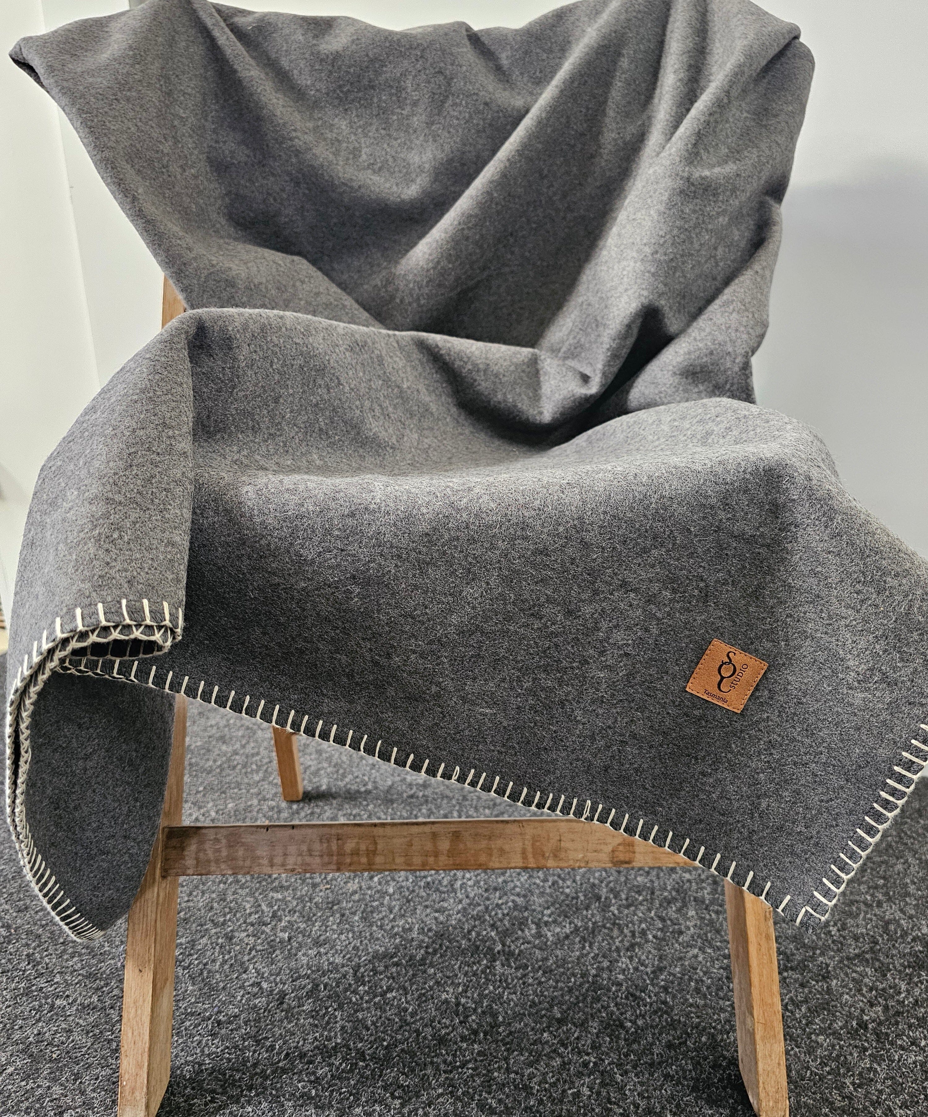 Organic Wool Felt Throw - SQ Studio Throws The Spotted Quoll Storm Grey & Natural Stitch 