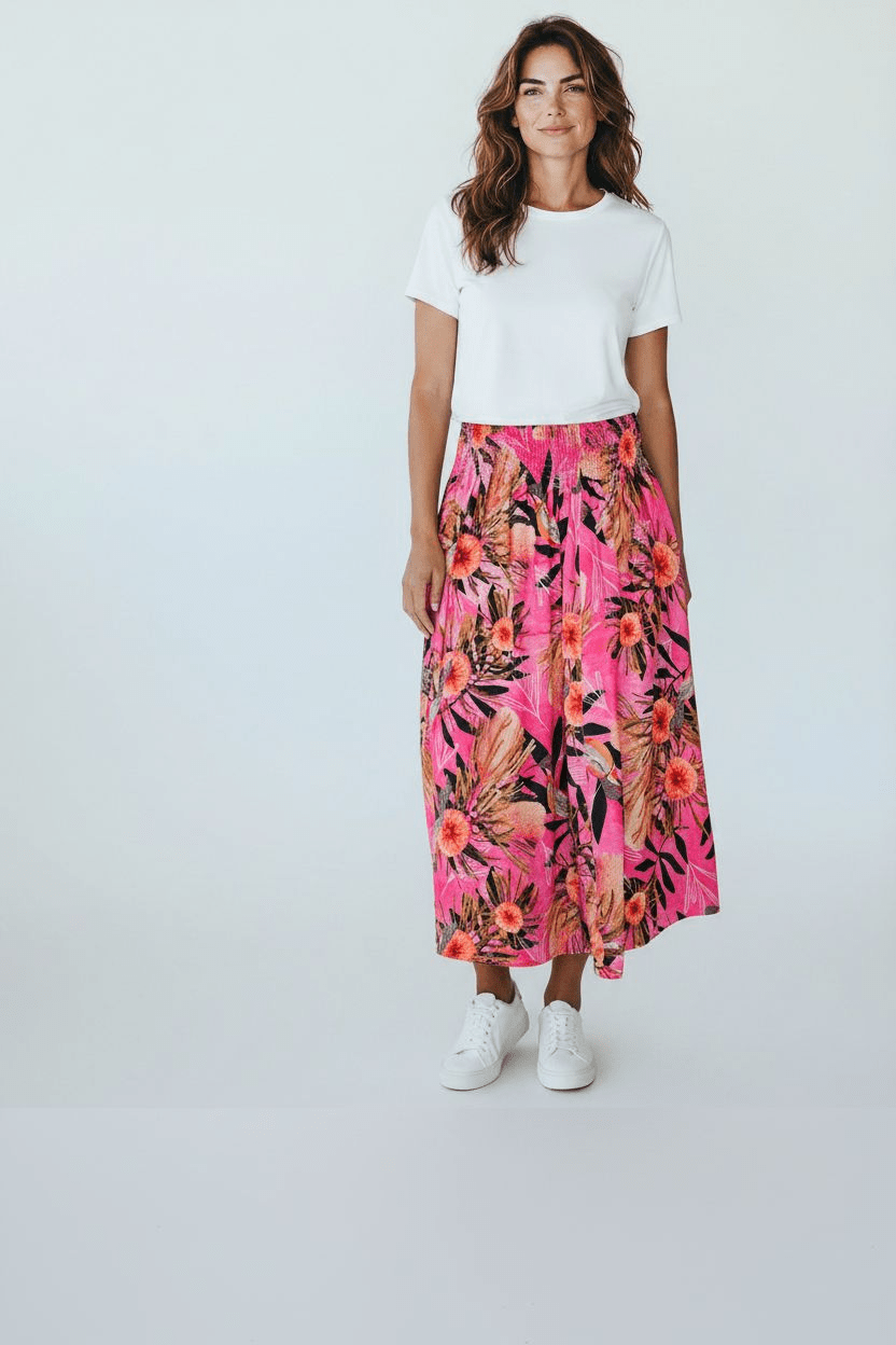 Frankie Shirred Skirt - Pink Summer Bouquet Skirt The Spotted Quoll 