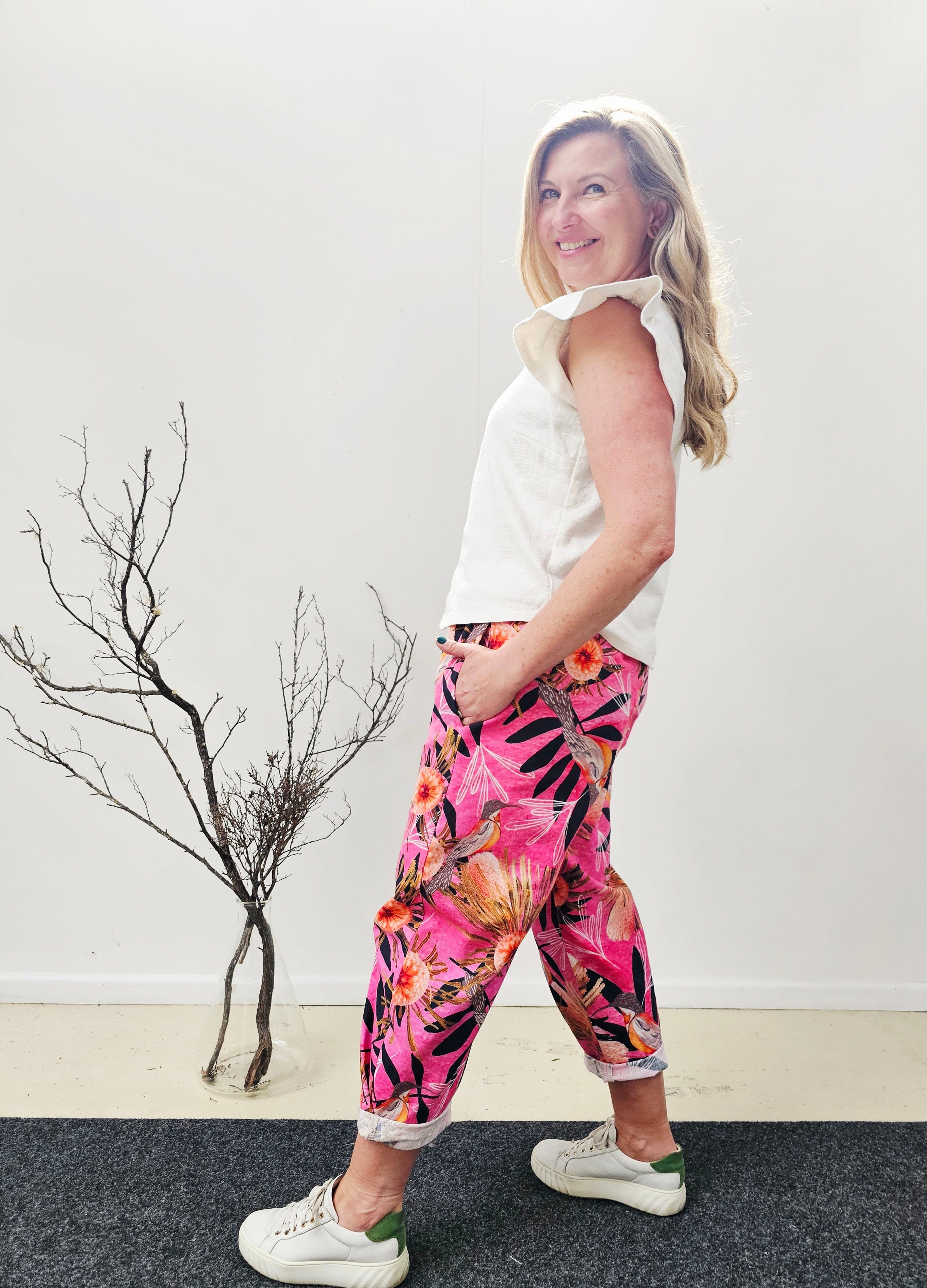 Boss Pant Organic Linen/Hemp - Pink Summer Bouquet Pants The Spotted Quoll 