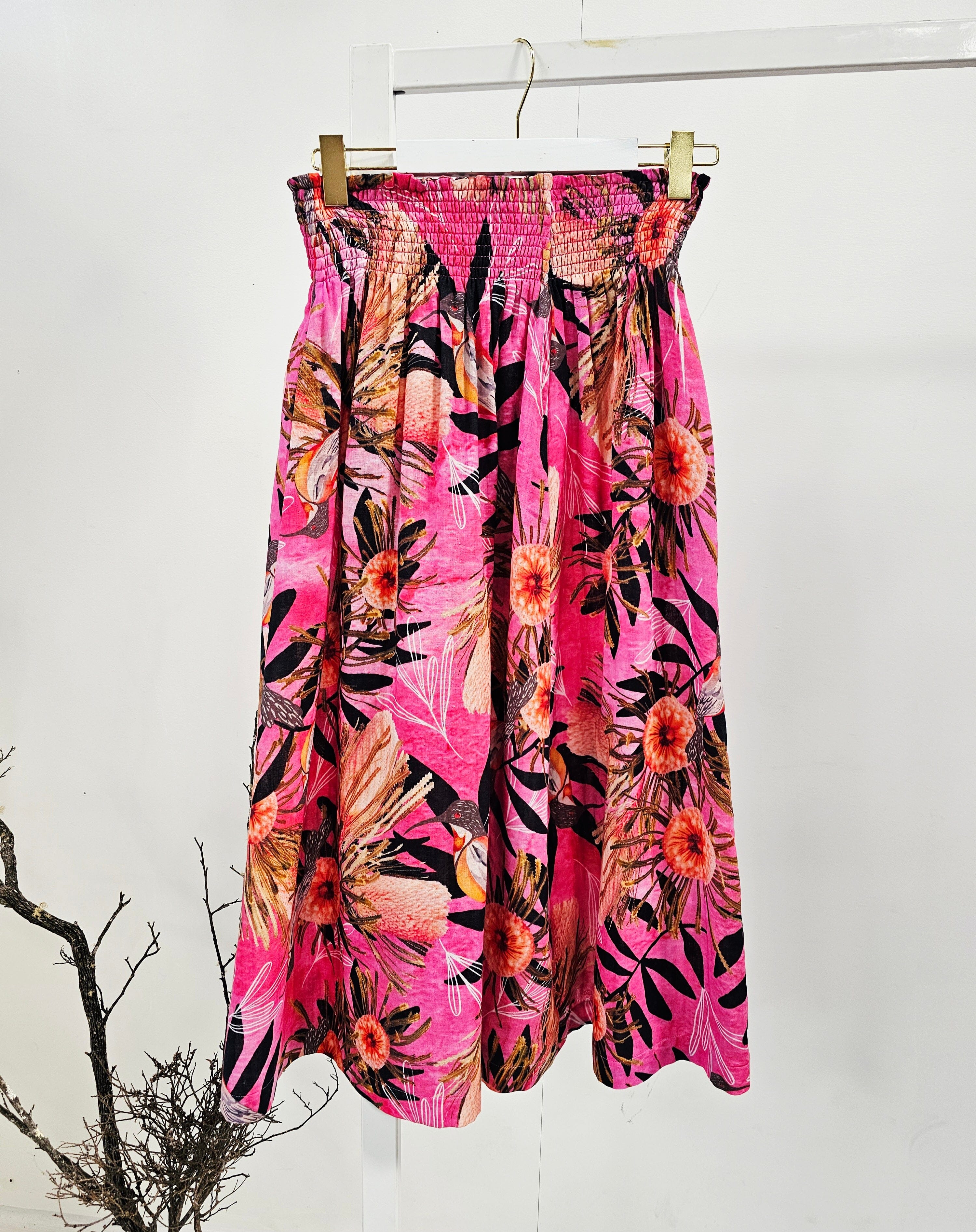 Frankie Shirred Skirt - Pink Summer Bouquet Skirt The Spotted Quoll 