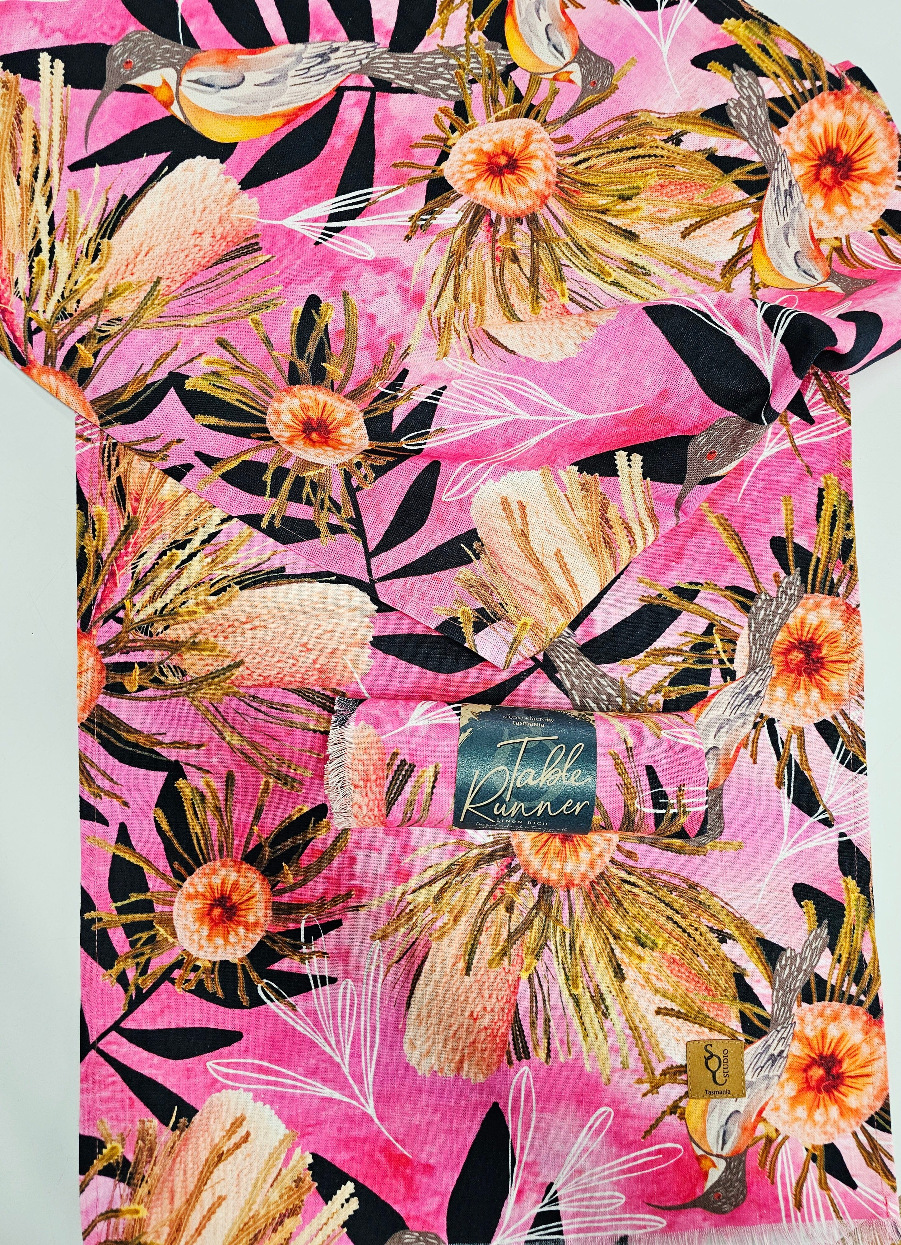 Printed Organic Linen Table Runner - Pink Summer Bouquet table runners The Spotted Quoll 