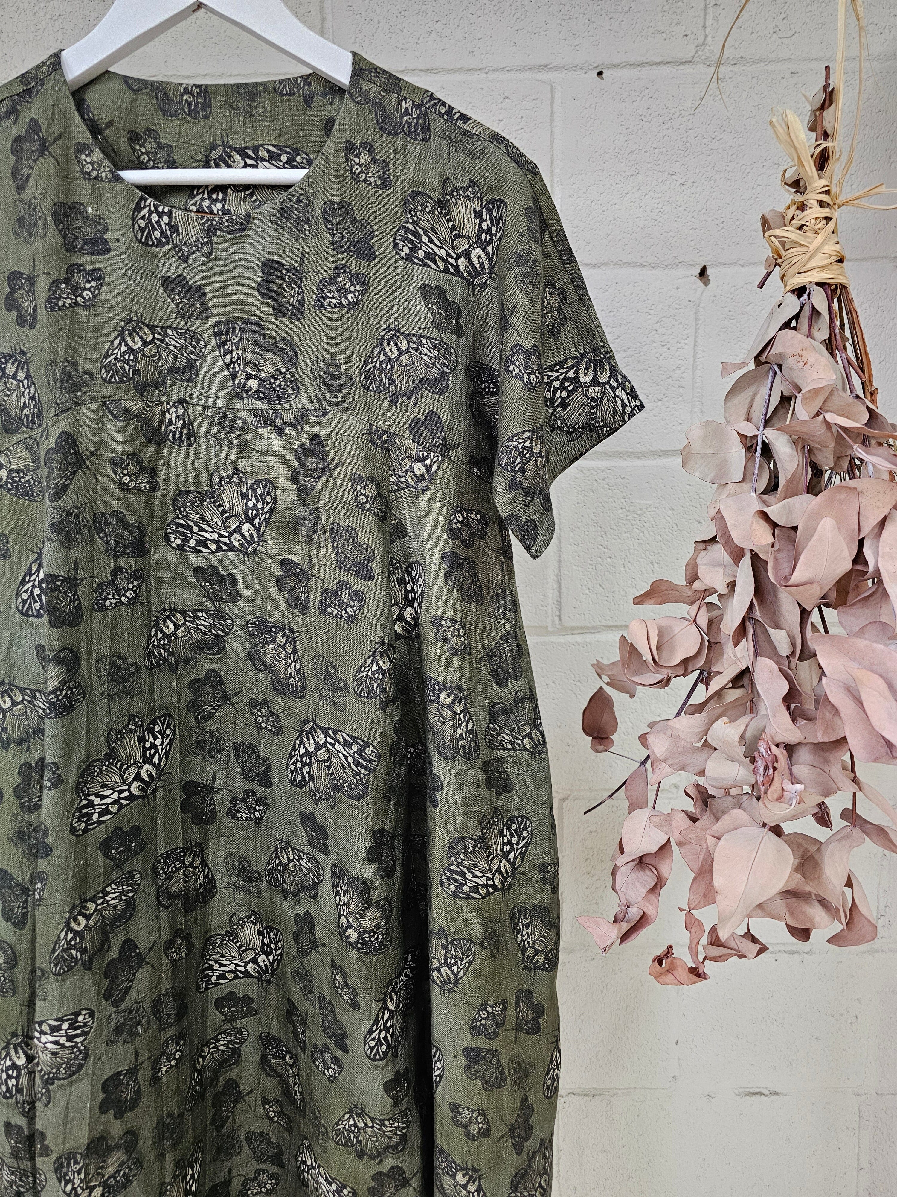 Organic Linen Cocoon Dress - Moss Moth Dress The Spotted Quoll 