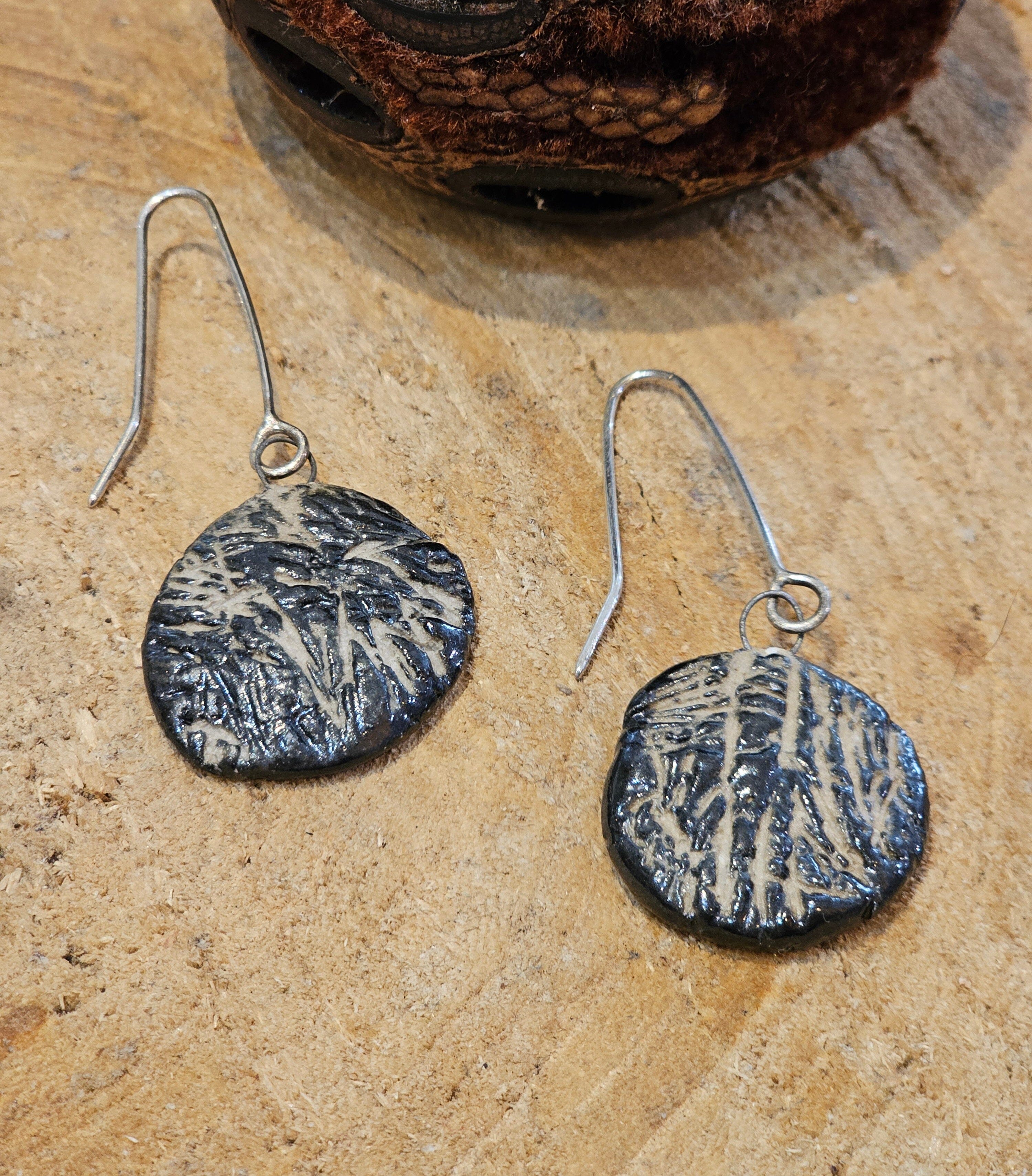 Ceramic & Silver Jewellery - Forest Floor Earrings Jillian Jak & Meek Mud Round Long Bark 