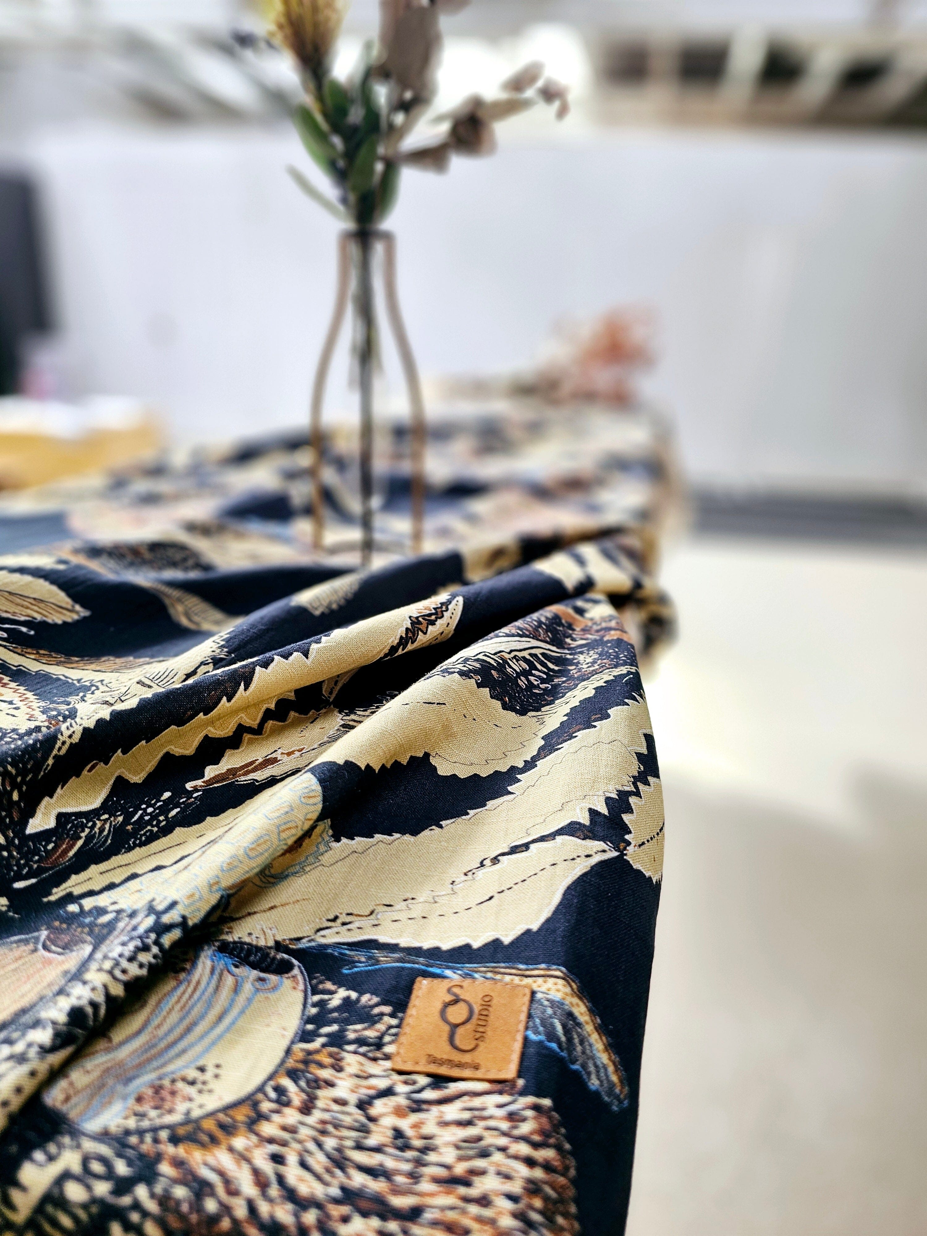 Organic Linen Table Cloth - Tawny Sawtooth Banksia table cloth The Spotted Quoll 