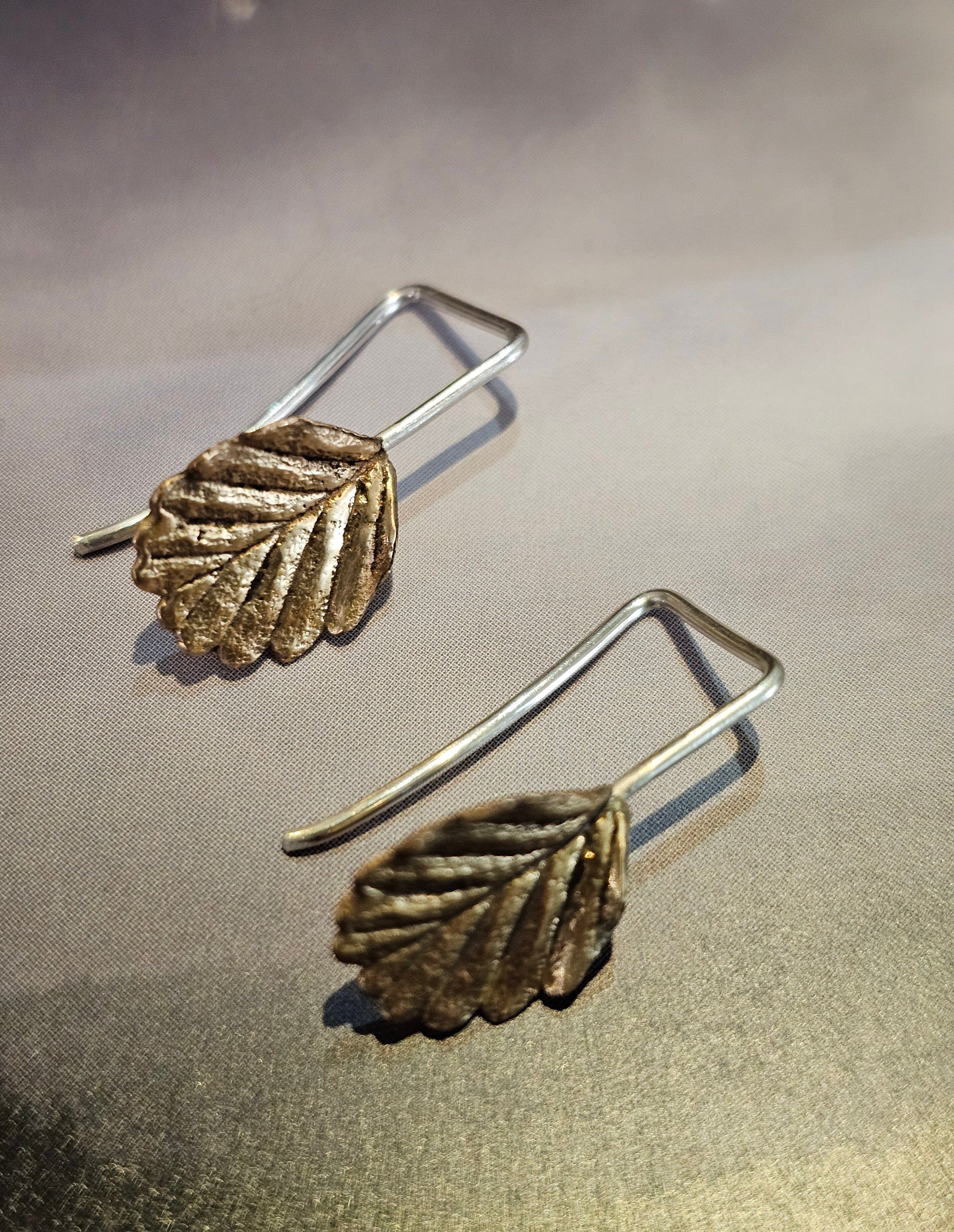 Fagus Leaf Earrings - Janny McKinnon Jewellery Janny Mckinnon Small Fagus Square Hook Bronze & Silver 