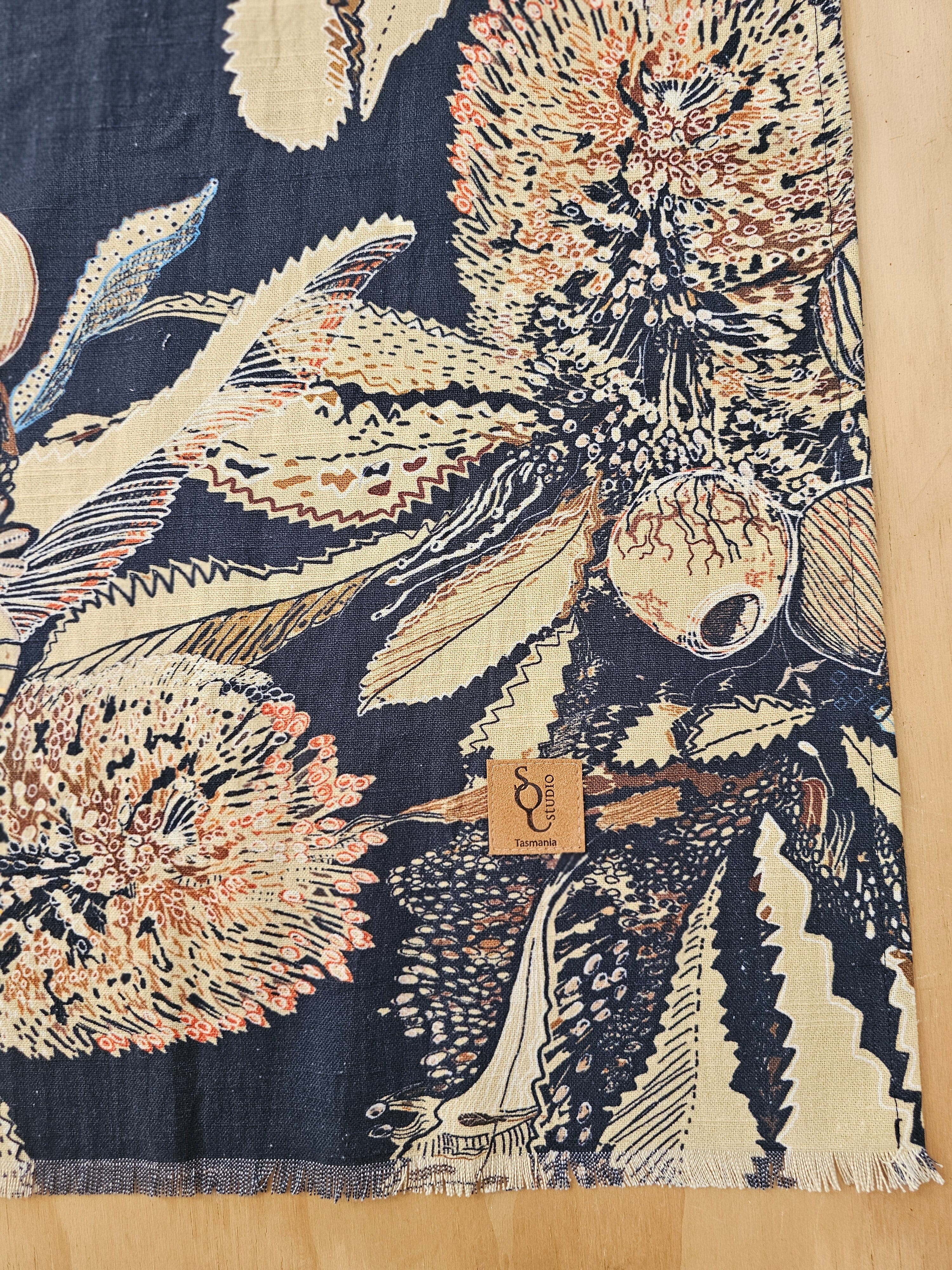 Printed Organic Linen Table Runner - Tawny Sawtooth Banksia table runners The Spotted Quoll 