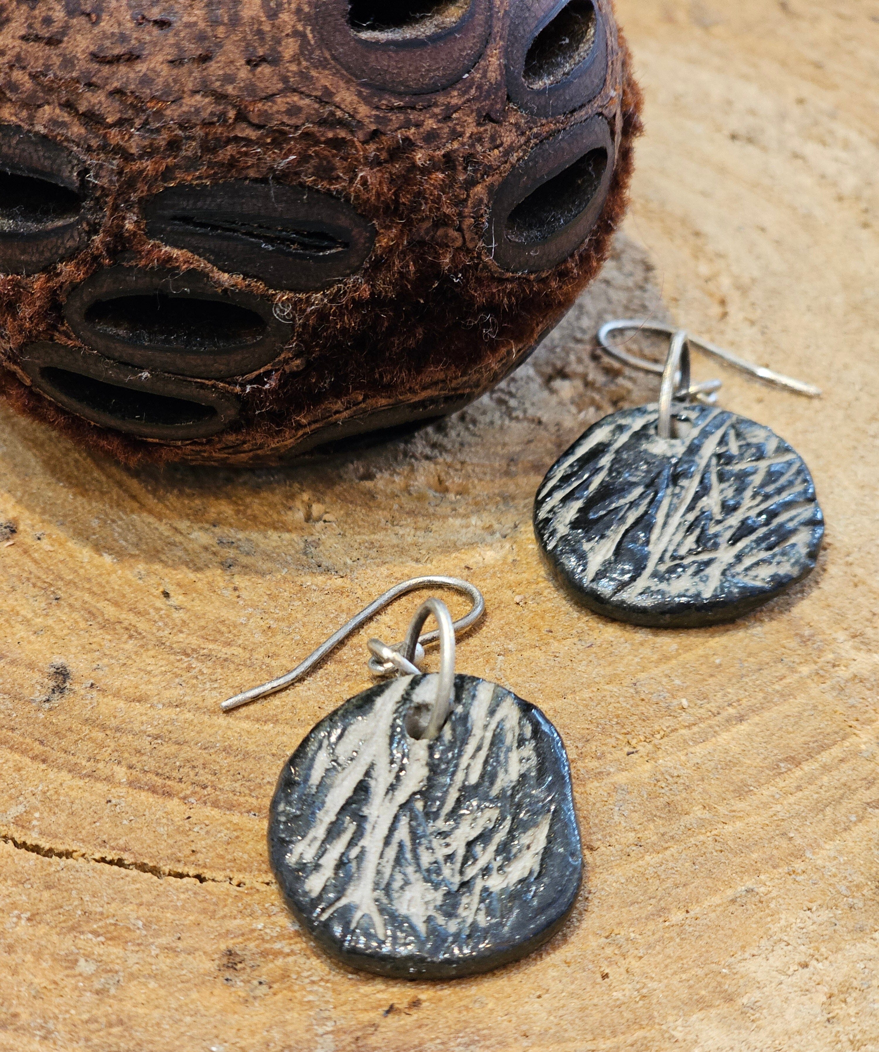Ceramic & Silver Jewellery - Forest Floor Earrings Jillian Jak & Meek Mud Round Short Bark 