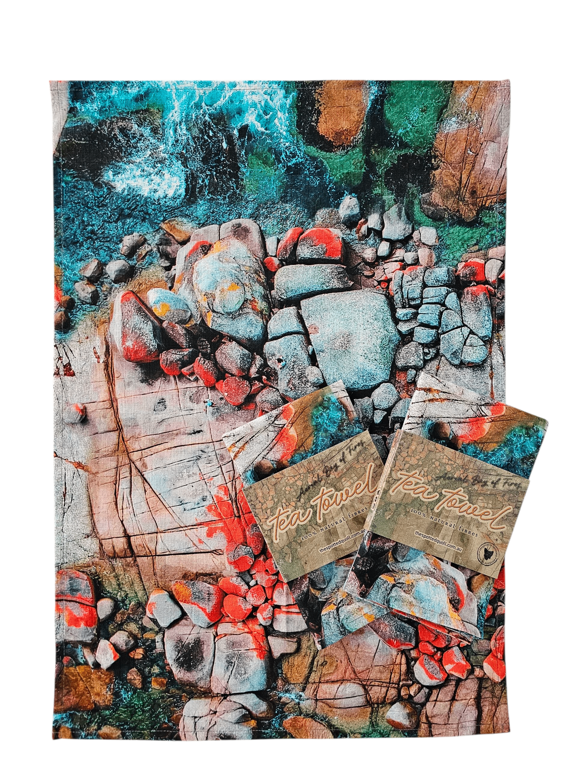 Organic Linen Hemp Tea Towel - Aerial Bay of Fires Tea Towel The Spotted Quoll 