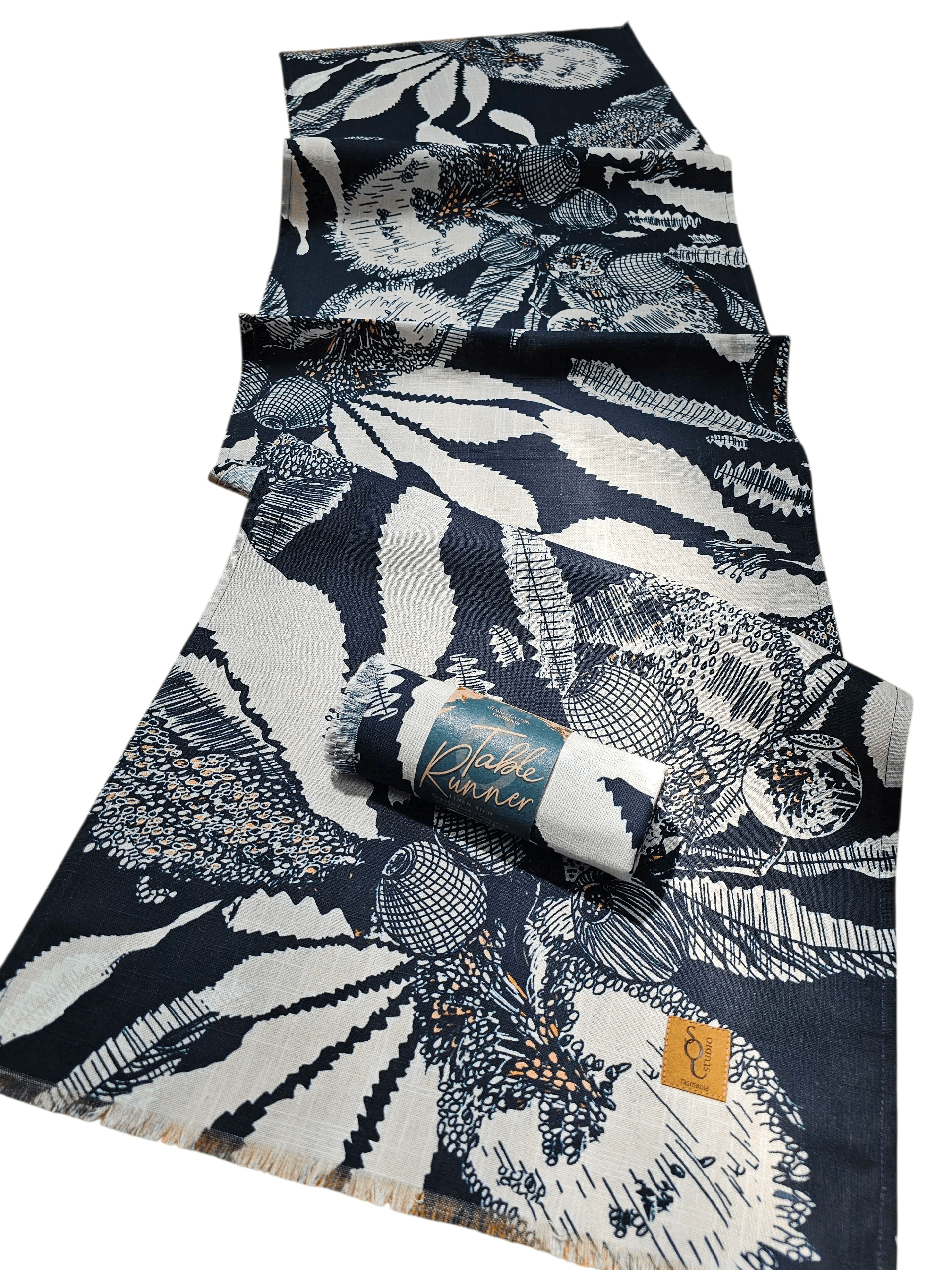 Printed Organic Linen Table Runner - Sawtooth Banksia table runners The Spotted Quoll 
