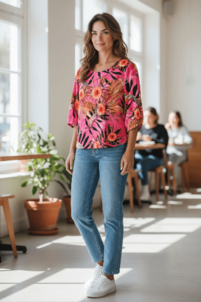 Lady Jane Organic Cotton DM Blouse - Pink Summer Bouquet top The Spotted Quoll 
