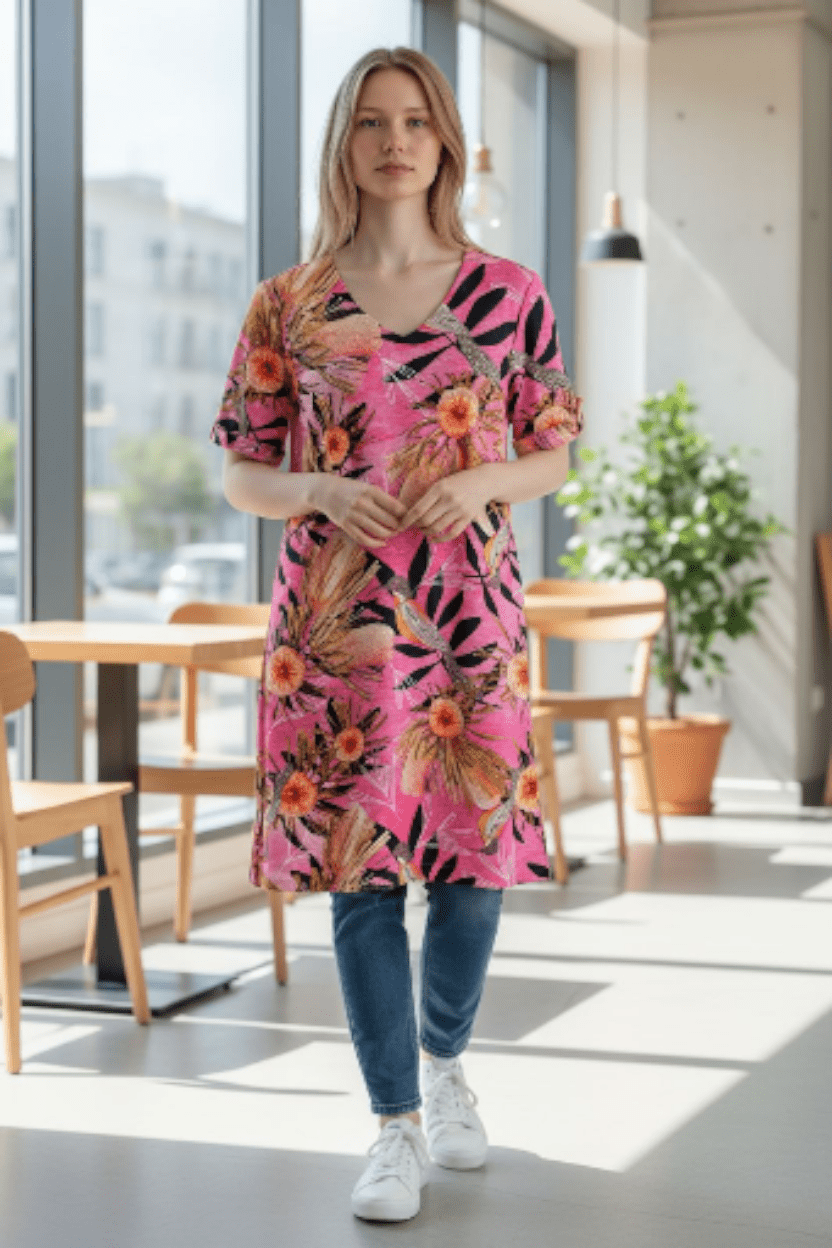 Venus Linen/Hemp Tunic - Pink Summer Bouquet Dress The Spotted Quoll Studio 