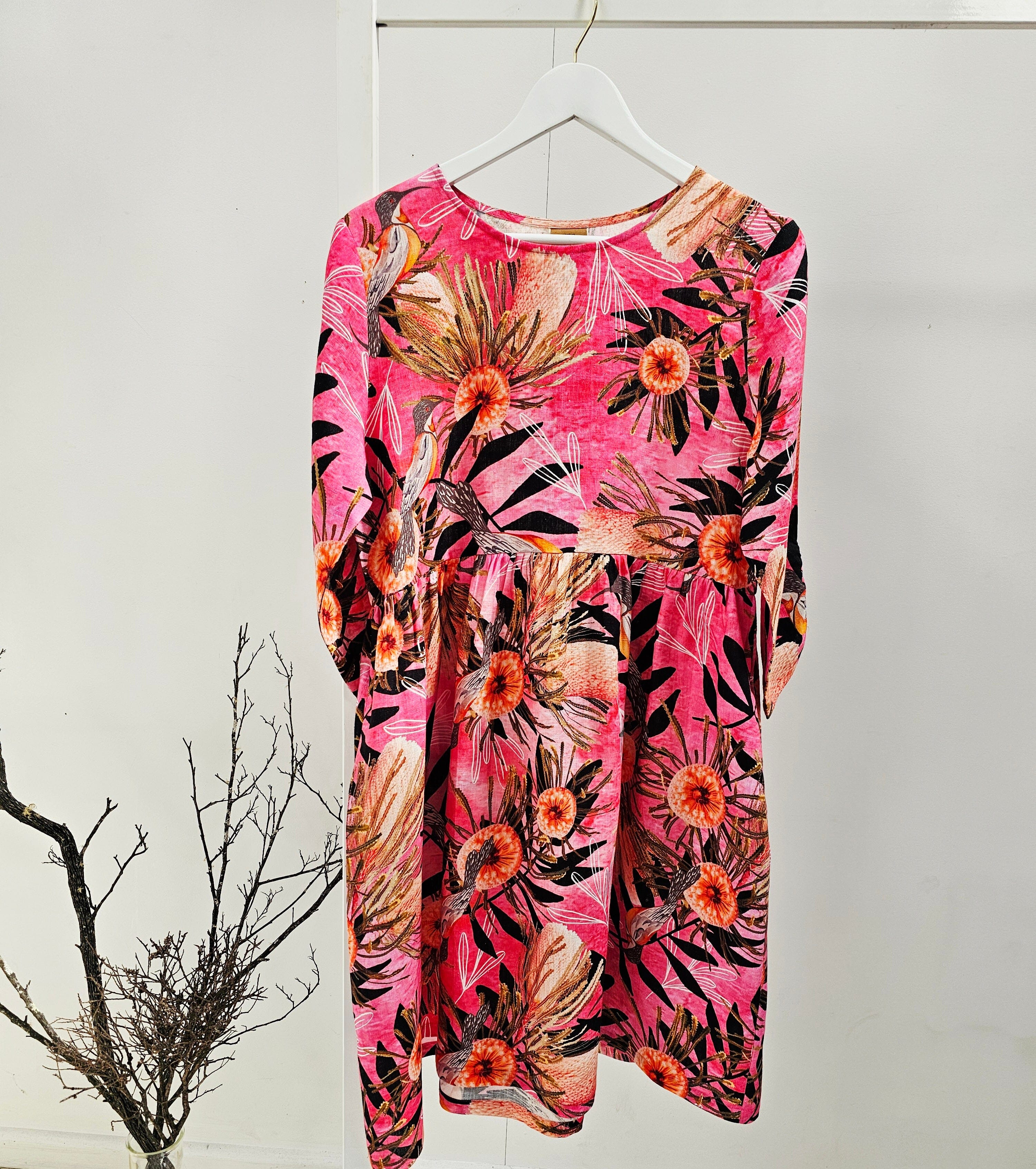 Peasant Dress Organic Pure Linen - Pink Summer Bouquet Dresses The Spotted Quoll 