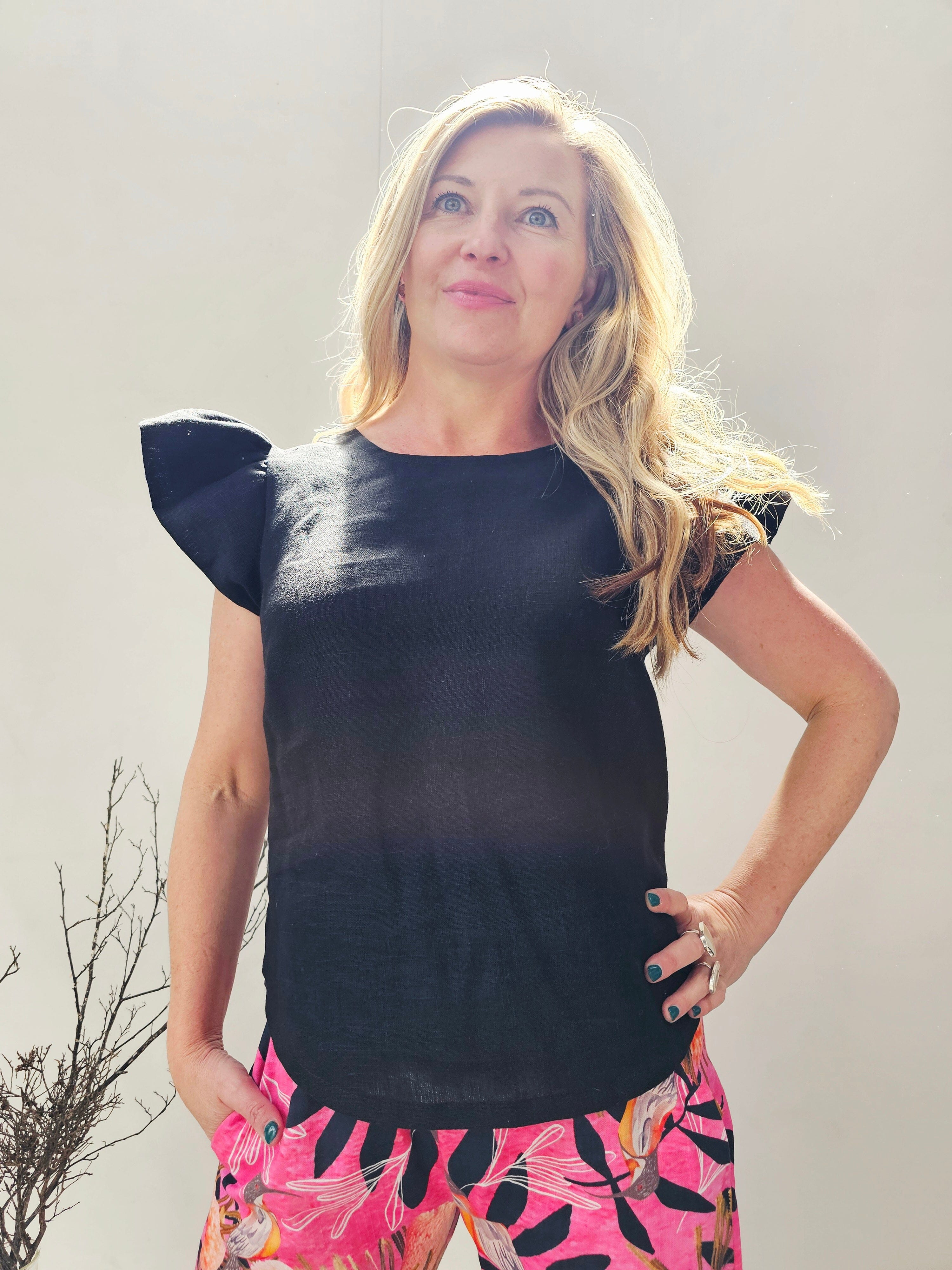 Flutter Top - Black Organic Linen top The Spotted Quoll 