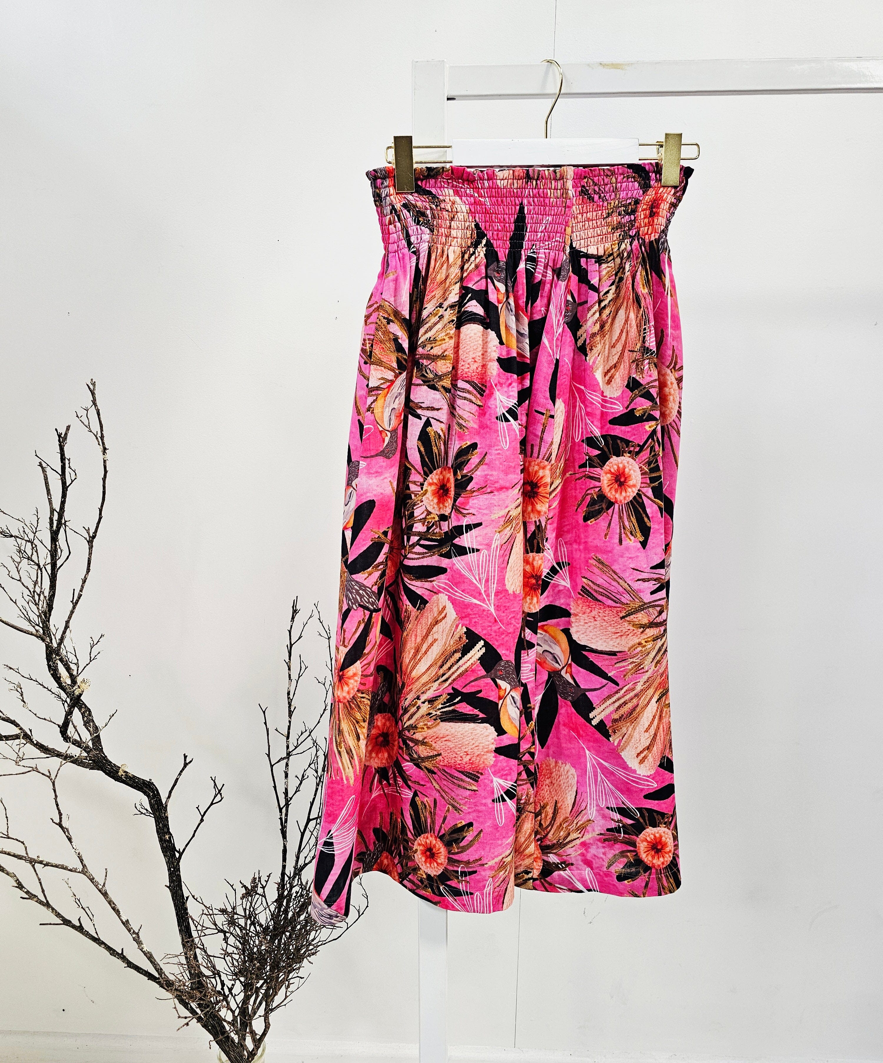 Frankie Shirred Skirt - Pink Summer Bouquet Skirt The Spotted Quoll 