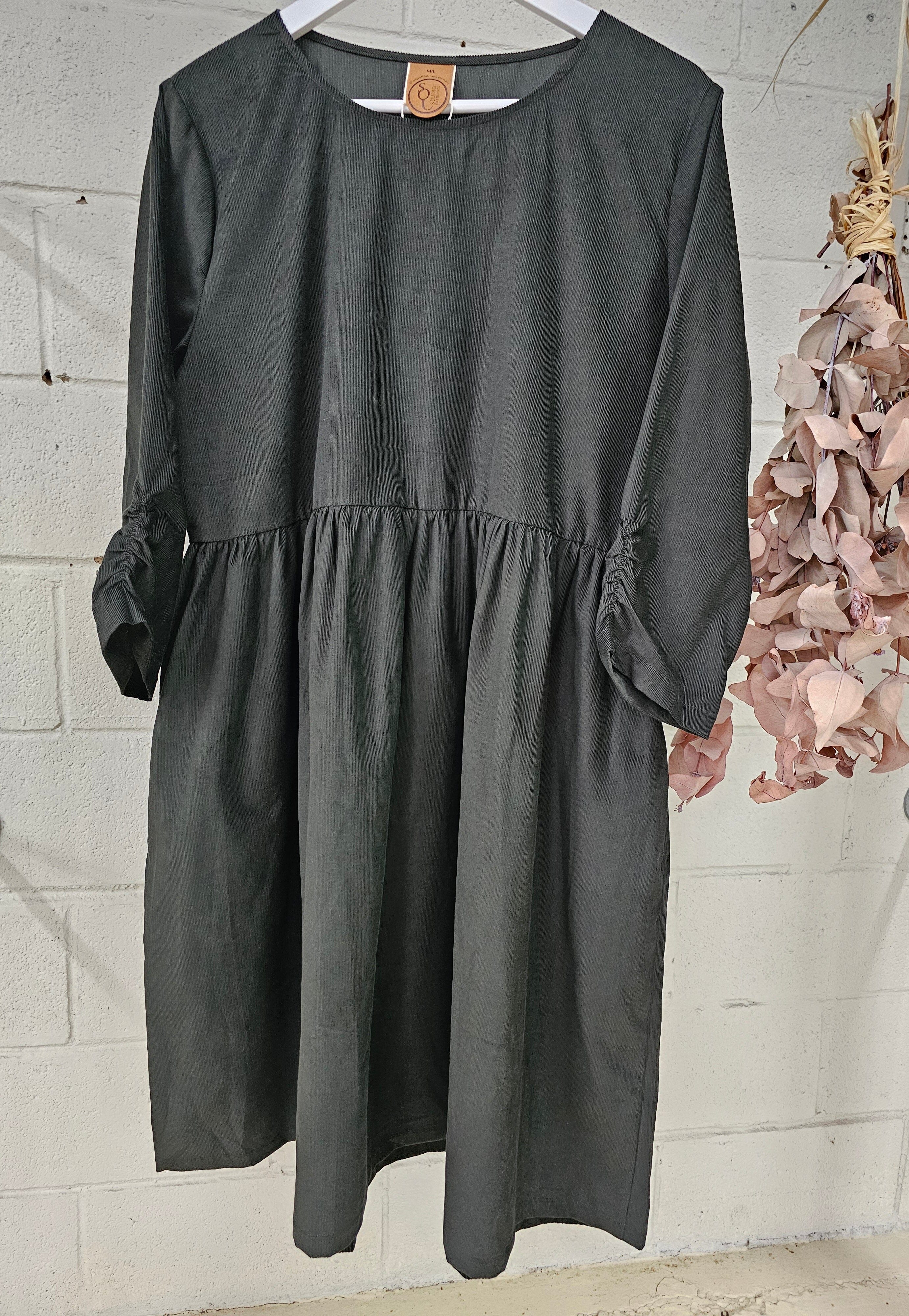Organic Cotton Corduroy Peasant Dress - Moss Dresses The Spotted Quoll 