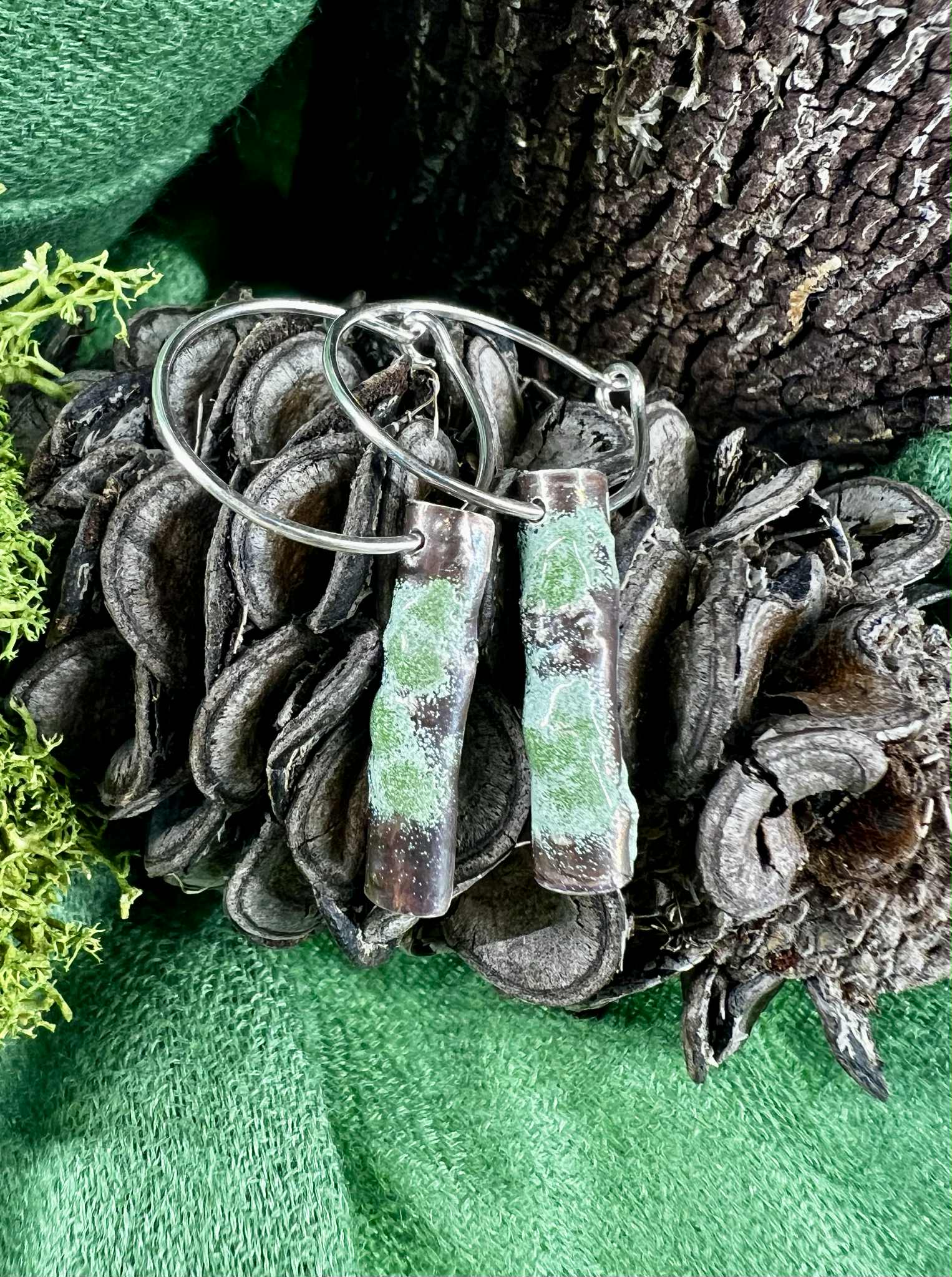 Forest Lichen Silver Earrings - Hulley Jewellery Earrings Hulley Jewellery Silver & Green Forest Lichen Hoop Small 