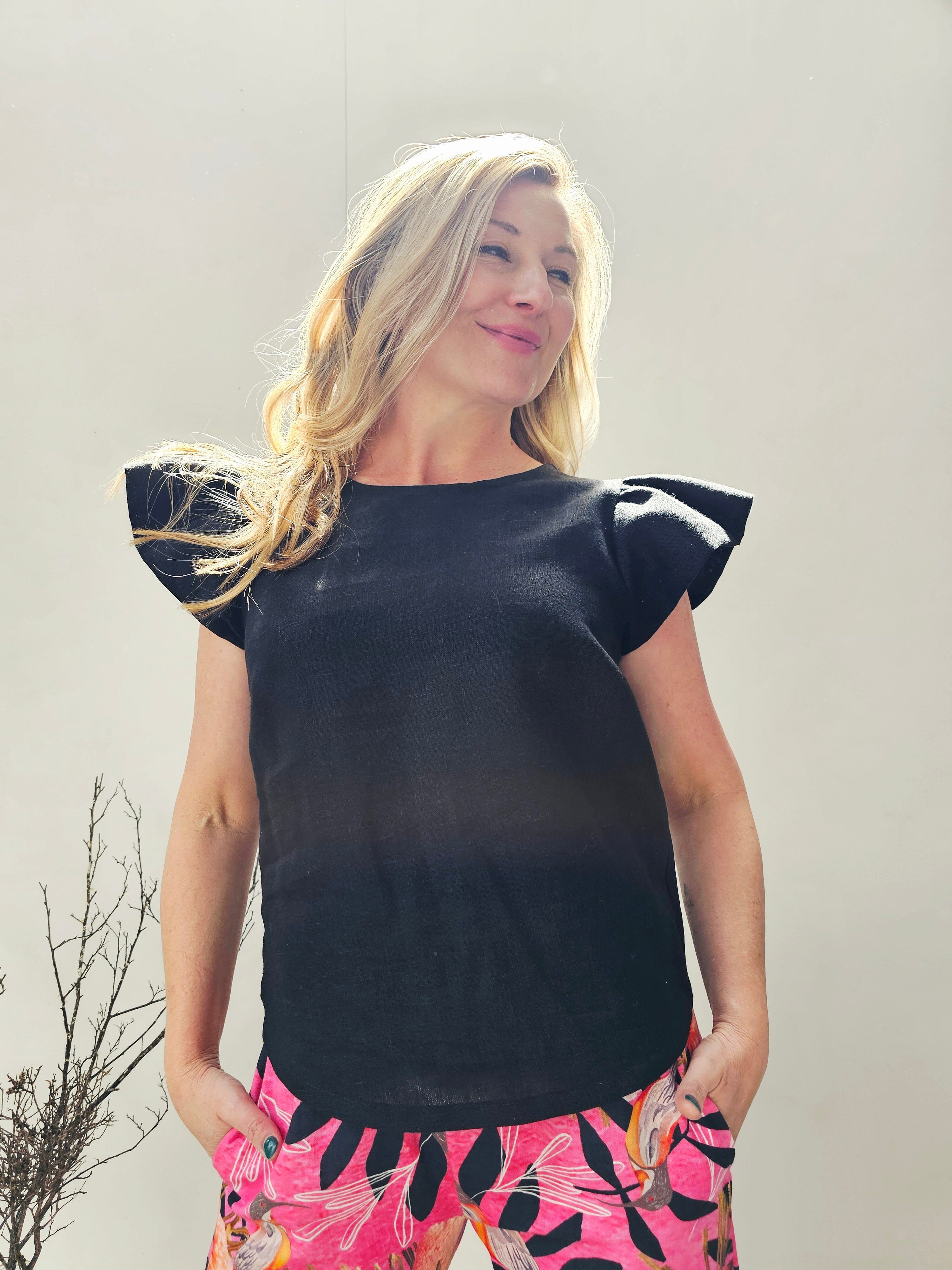 Flutter Top - Black Organic Linen top The Spotted Quoll 