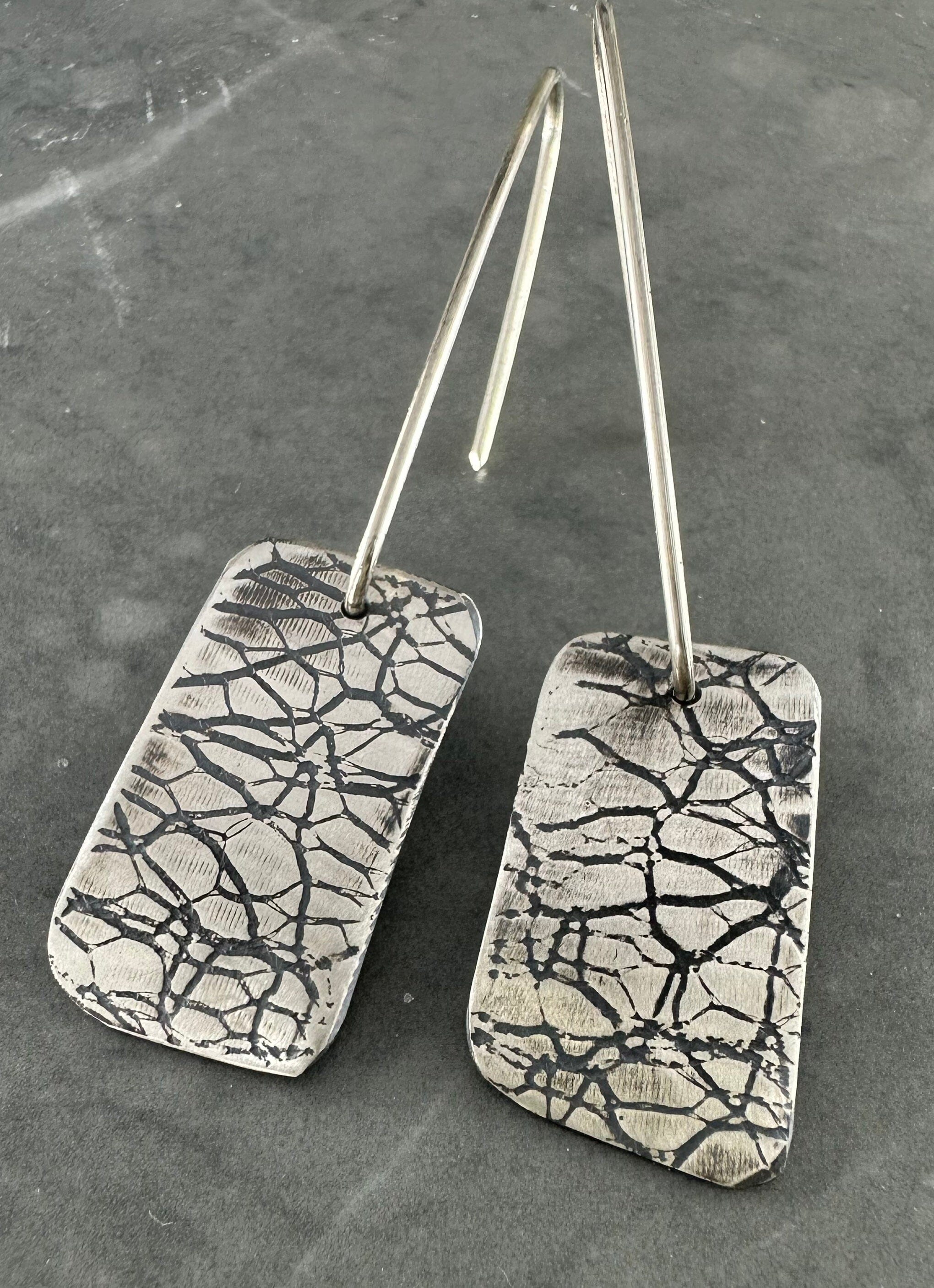 Oxidized Silver Earrings by Jillian Jak Earrings Jillian Jak Med Etched Bark (60mm) 