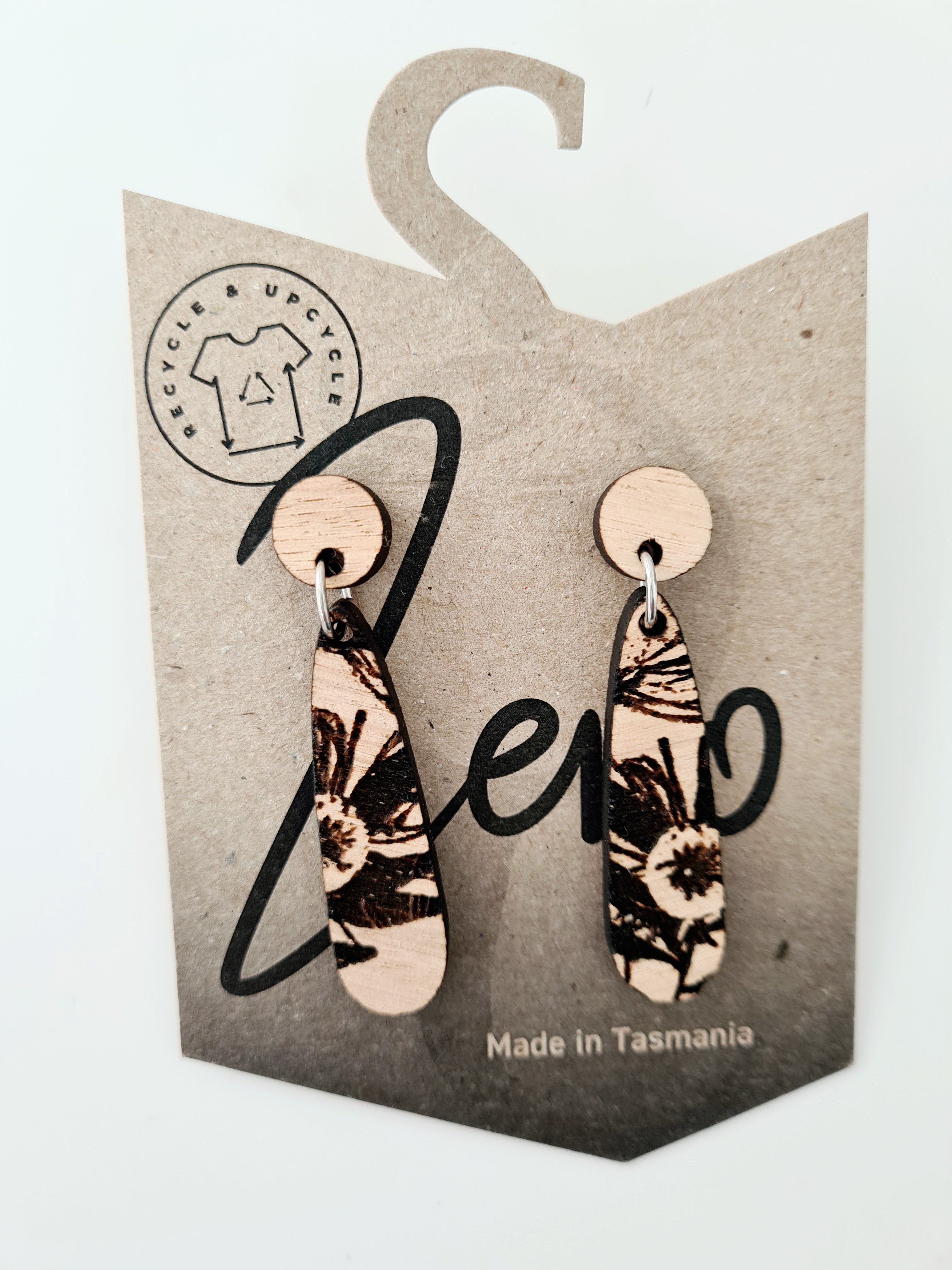Tasmanian Oak Etched Earrings - Zero Waste Earrings The Spotted Quoll Small Tear Drop 