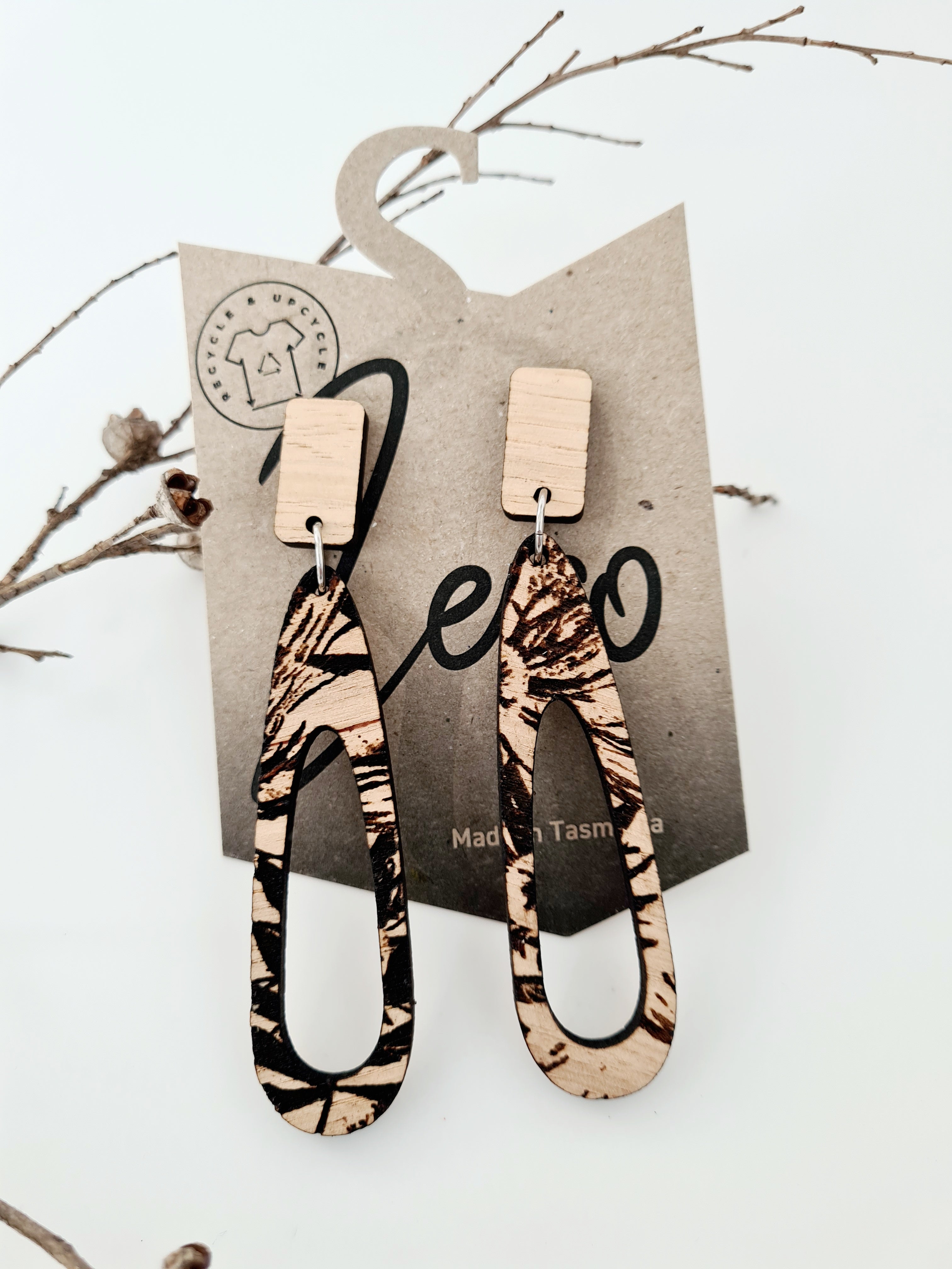 Tasmanian Oak Etched Earrings - Zero Waste Earrings The Spotted Quoll 