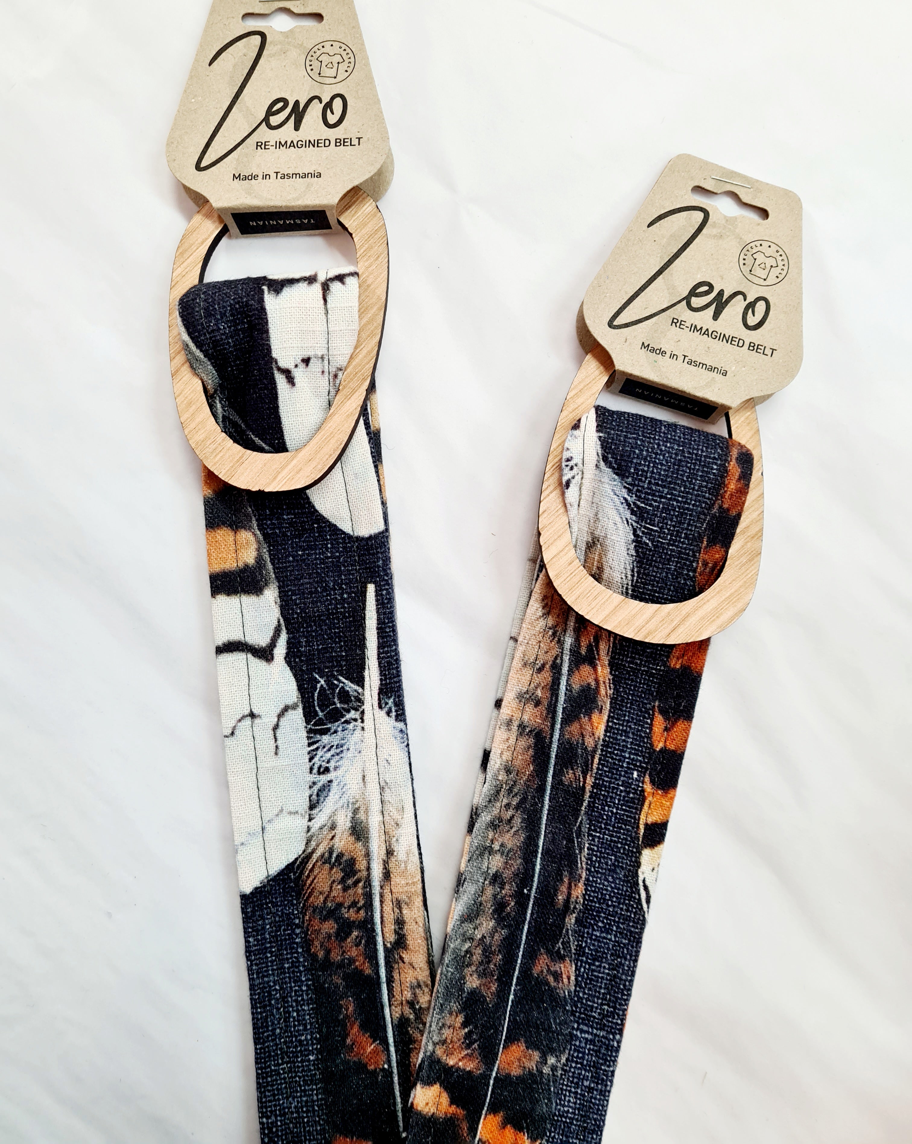 Tasmanian Oak Belts - Printed Organic Linen Belt Buckles The Spotted Quoll Kookaburra Feather Raw Tas Oak M - 120cm