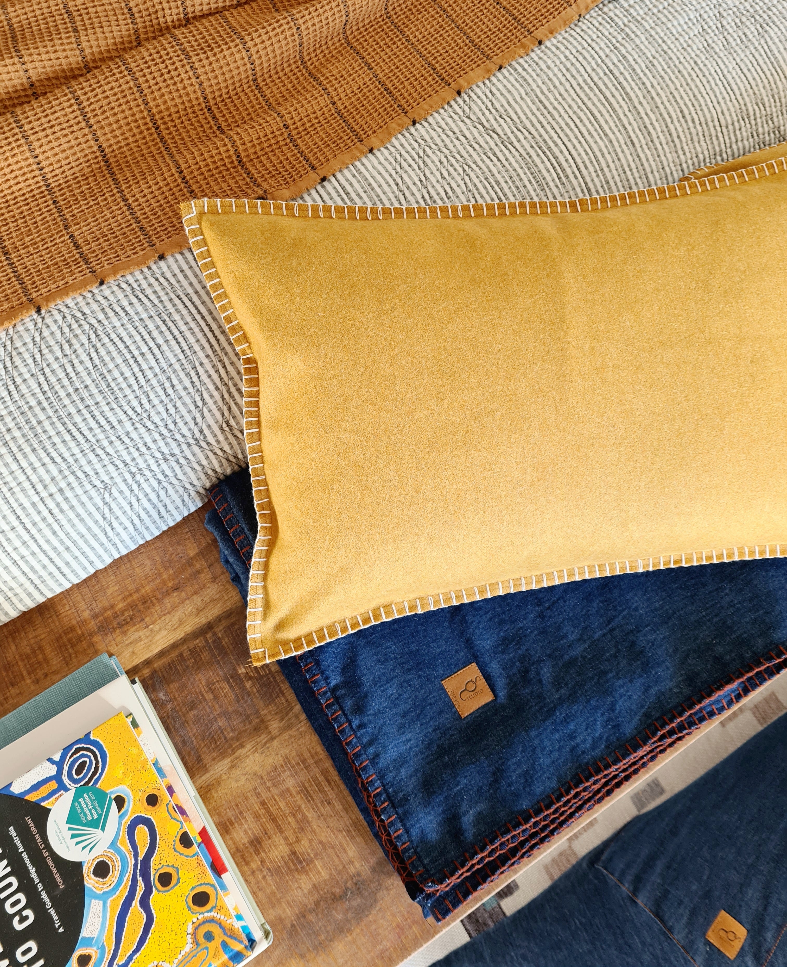 Mustard Organic Wool Felt Cushions Cushions The Spotted Quoll Studio 35 x 55cm Mustard with Natural Stitch 
