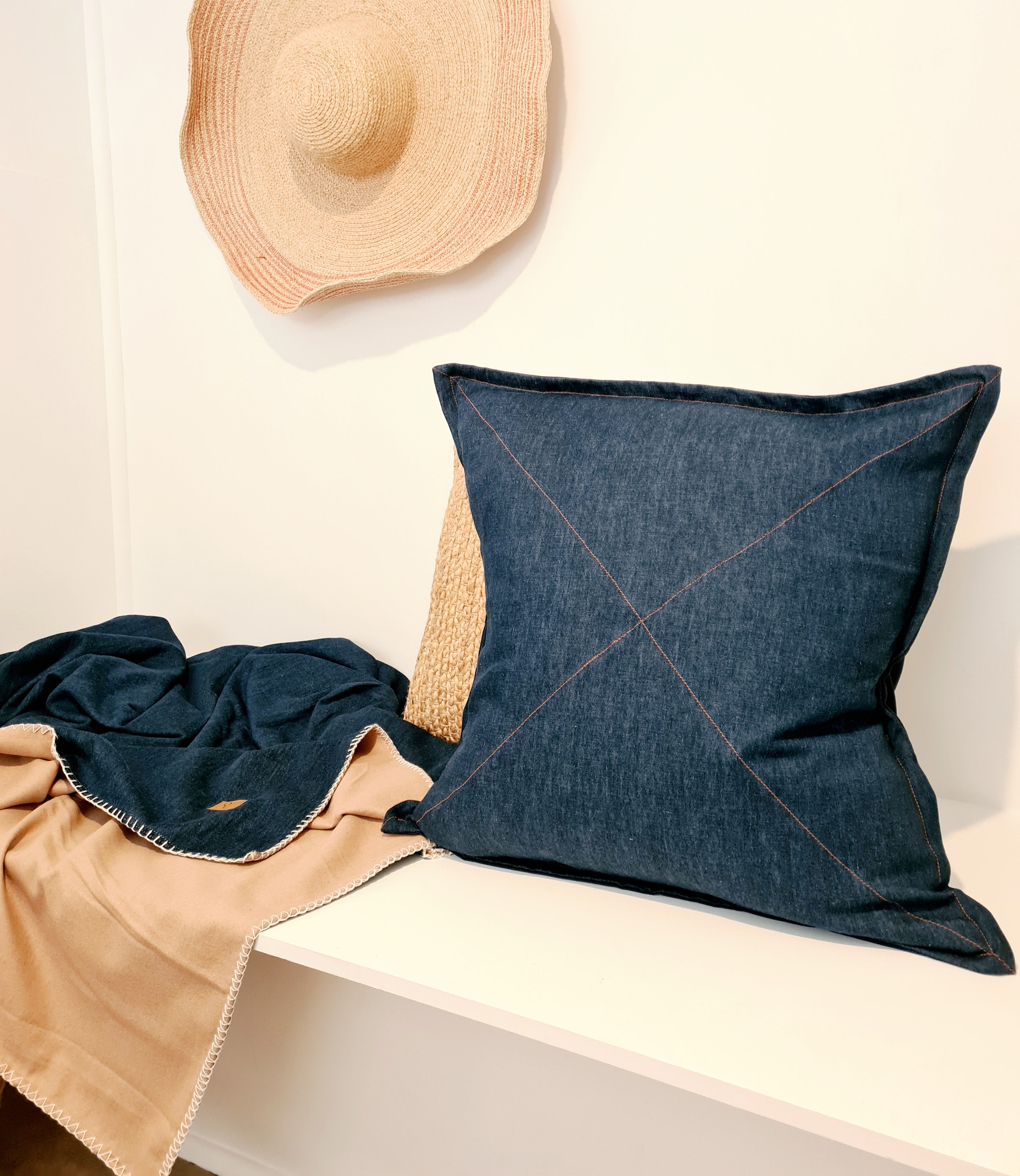 Organic Denim Cushions - Hessian Pony Cushions The Spotted Quoll Studio 60 x 60cm Natural Stitch 