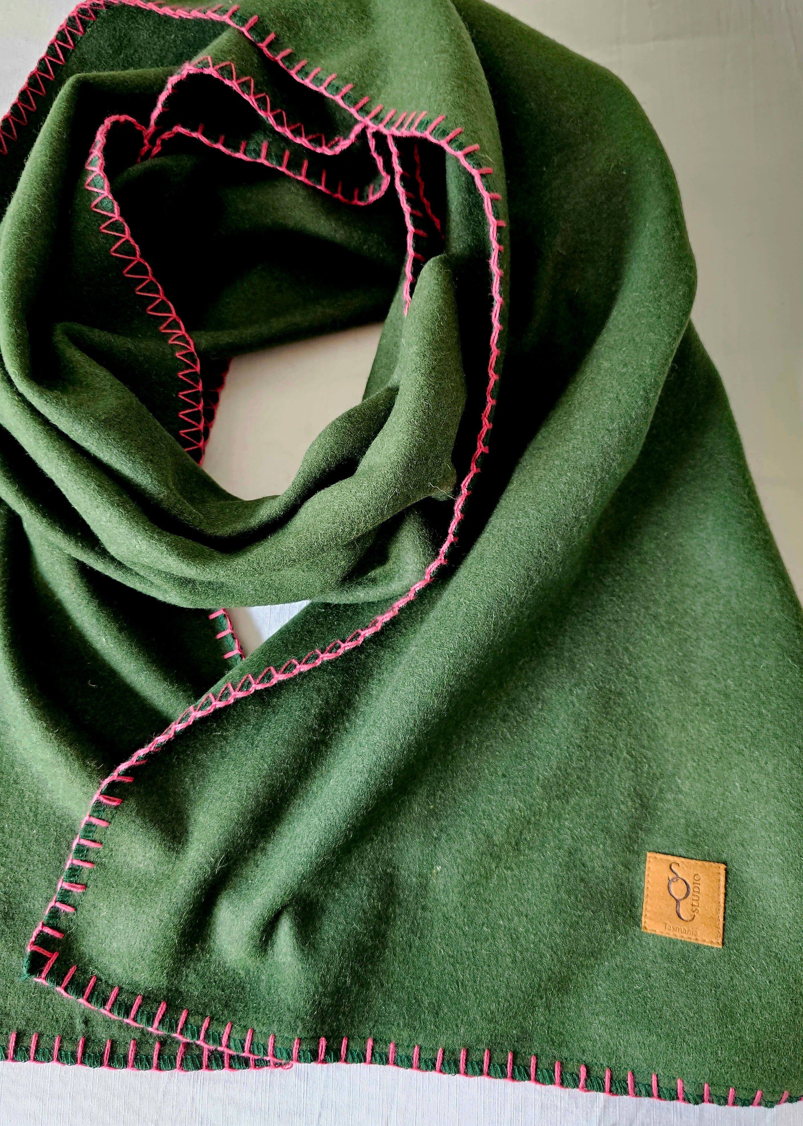 Organic Wool Felt Scarf - Moss Green Scarves The Spotted Quoll Pinot Stitch 