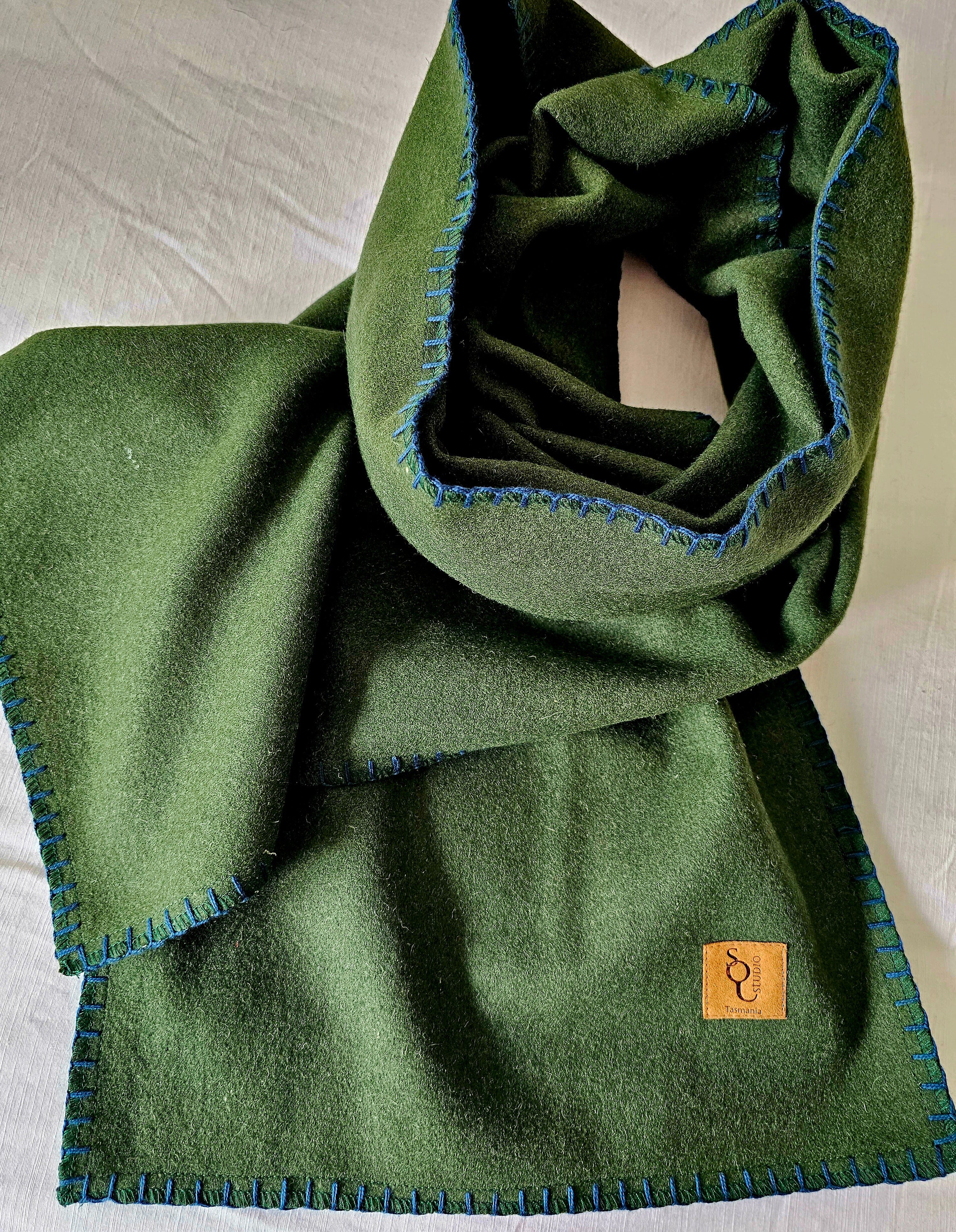 Organic Wool Felt Scarf - Moss Green Scarves The Spotted Quoll Petrol Stitch 