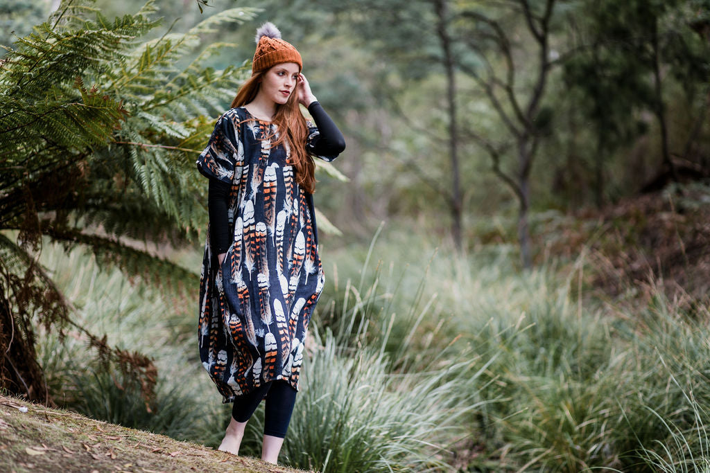 Kookaburra Feather Cocoon Dress - Hessian Pony Dress The Spotted Quoll 