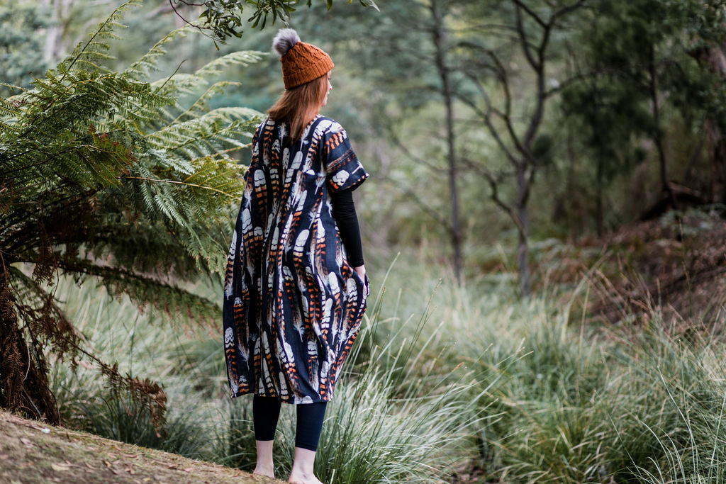 Kookaburra Feather Cocoon Dress - Hessian Pony Dress The Spotted Quoll 