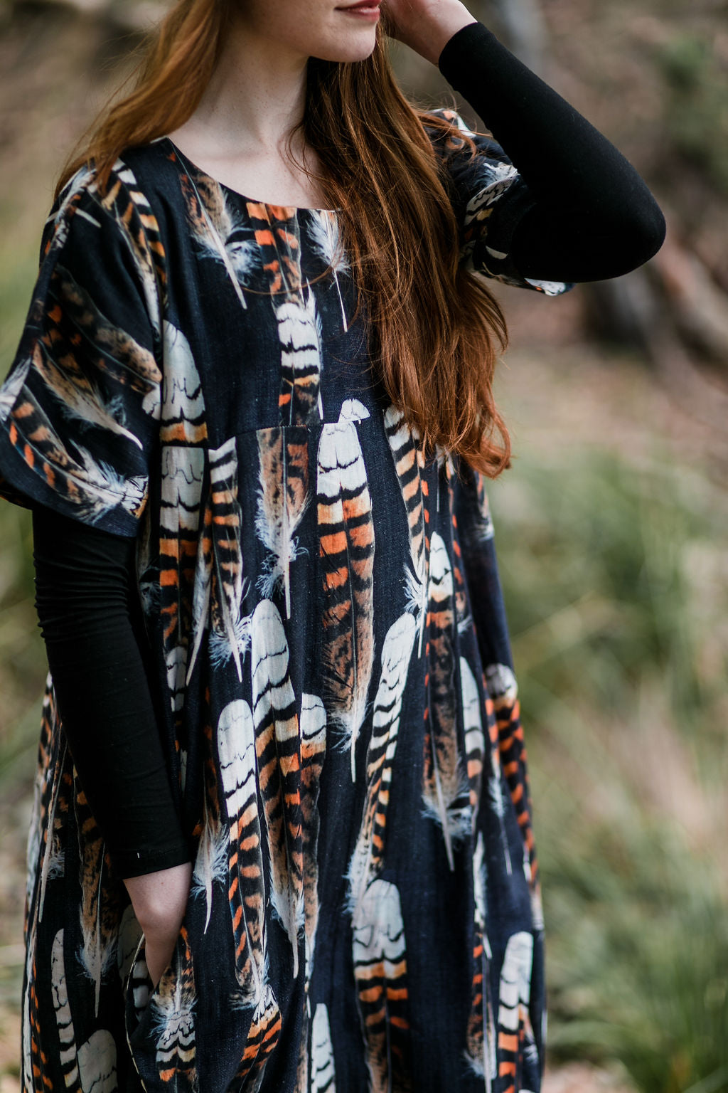 Kookaburra Feather Cocoon Dress - Hessian Pony Dress The Spotted Quoll 