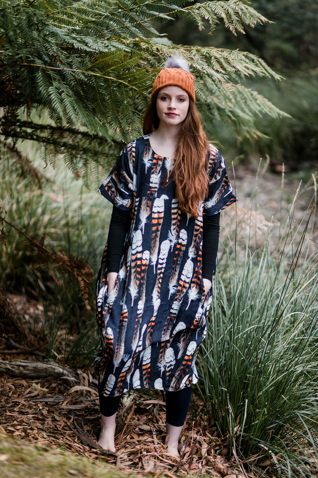 Kookaburra Feather Cocoon Dress - Hessian Pony Dress The Spotted Quoll 