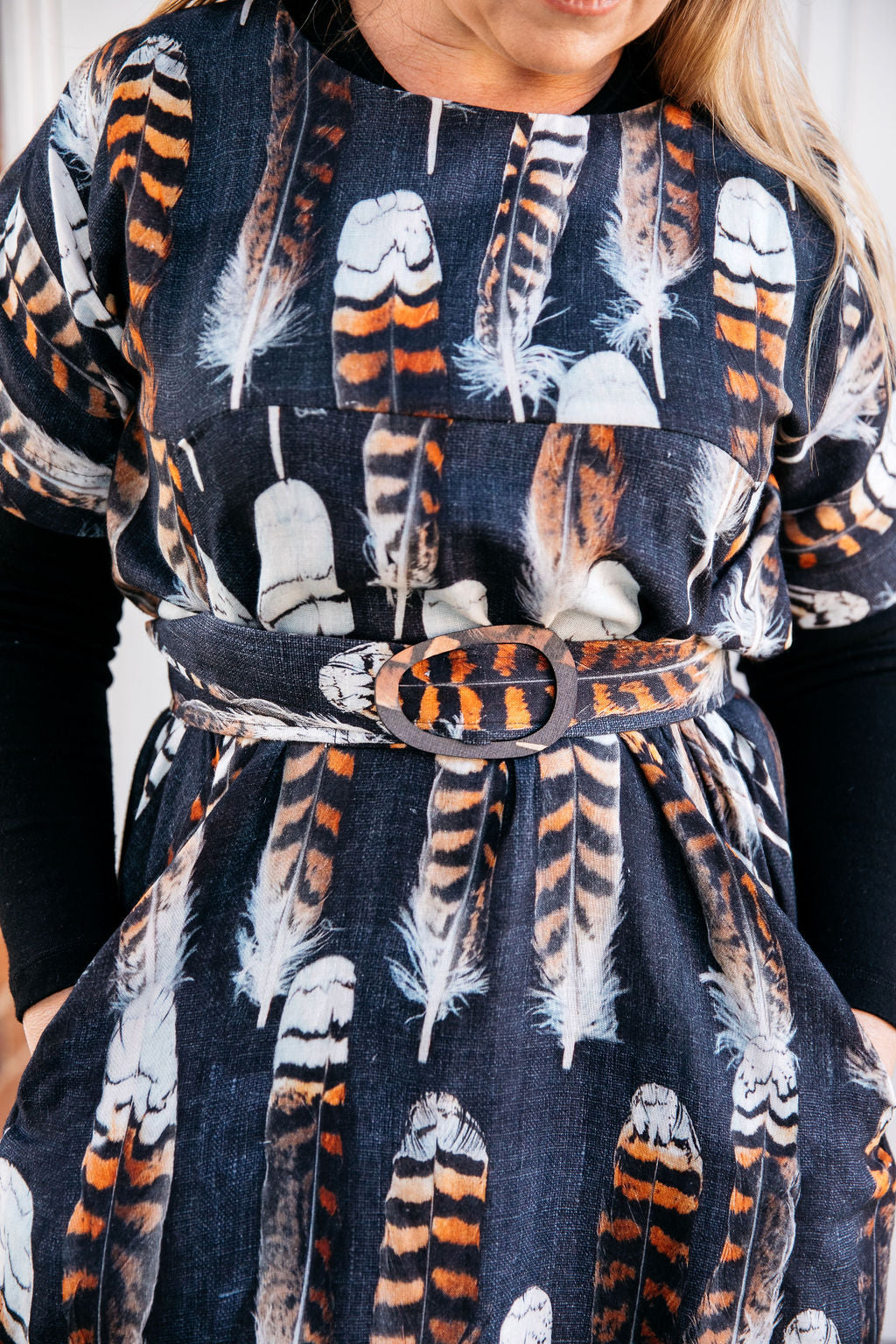 Kookaburra Feather Cocoon Dress - Hessian Pony Dress The Spotted Quoll 