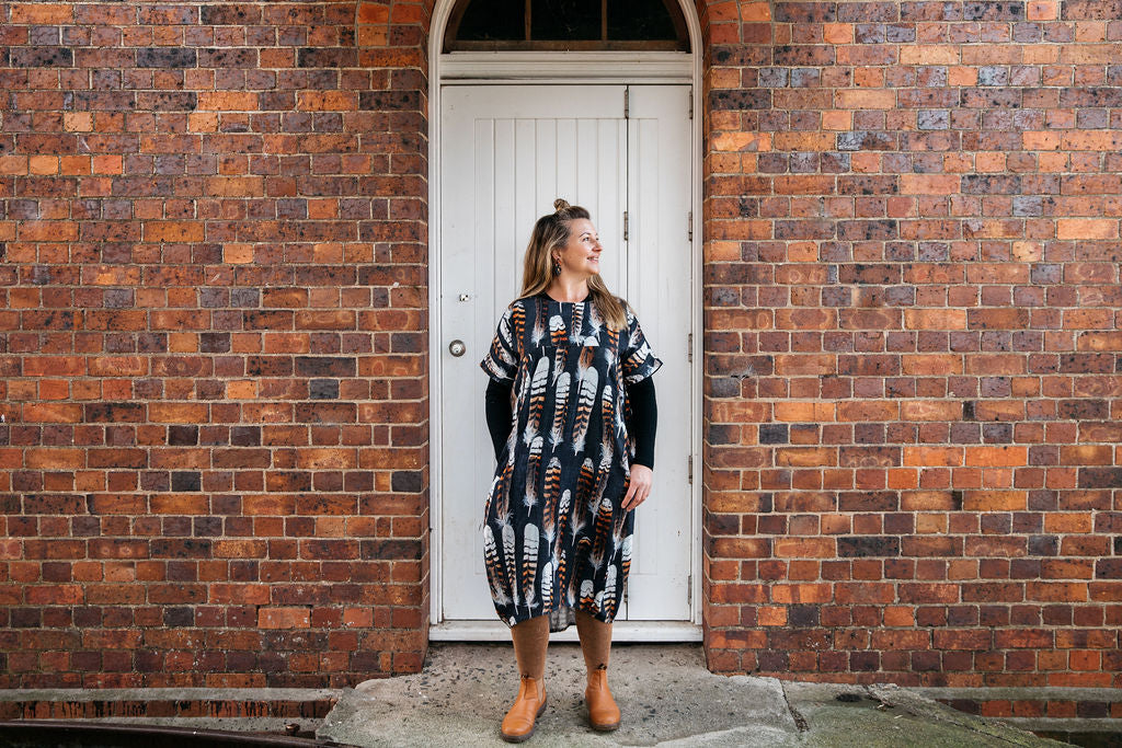 Kookaburra Feather Cocoon Dress - Hessian Pony Dress The Spotted Quoll 