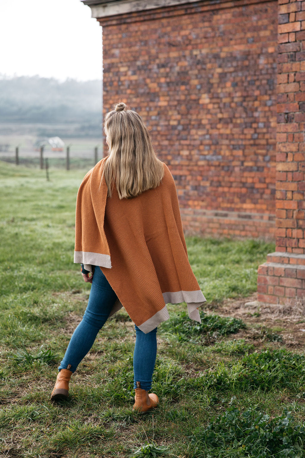 Organic Cotton Ribbed Knit Wrap/Poncho - Colour poncho The Spotted Quoll One Size Cinnamon & Oatmeal 