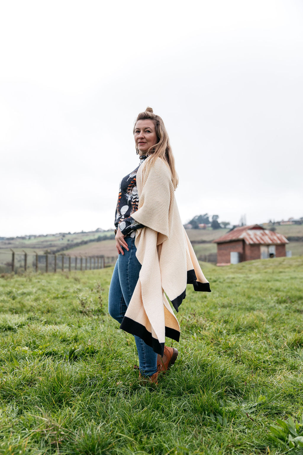 Organic Cotton Ribbed Knit Wrap/Poncho - Neutral poncho The Spotted Quoll One Size Natural & Black 